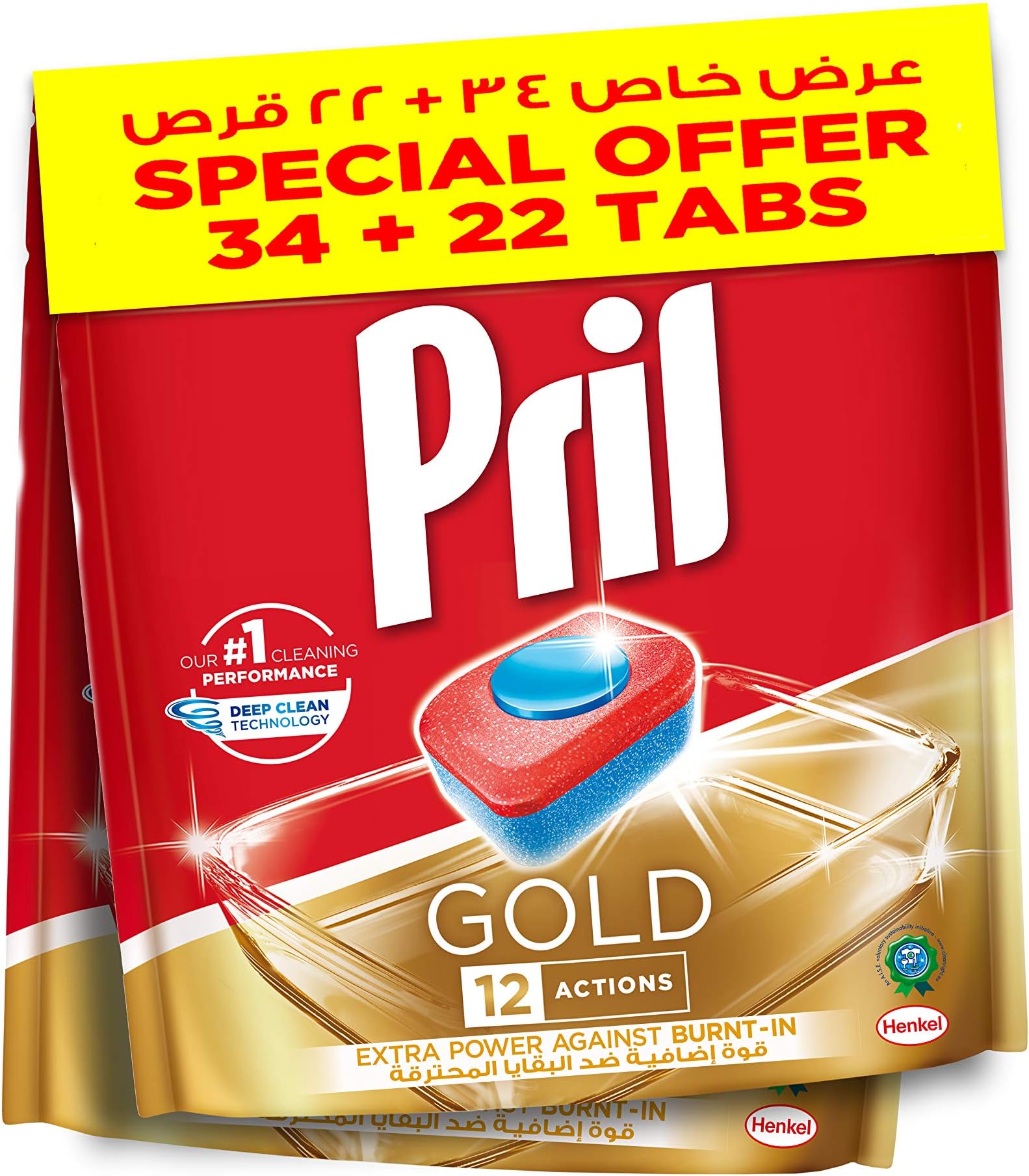 Pril Gold Automatic Dishwashing Tablets (34 Tabs + 22 Tabs), Faster Dissolving Tab With Deep Clean And Action Against Burnt-In Stains