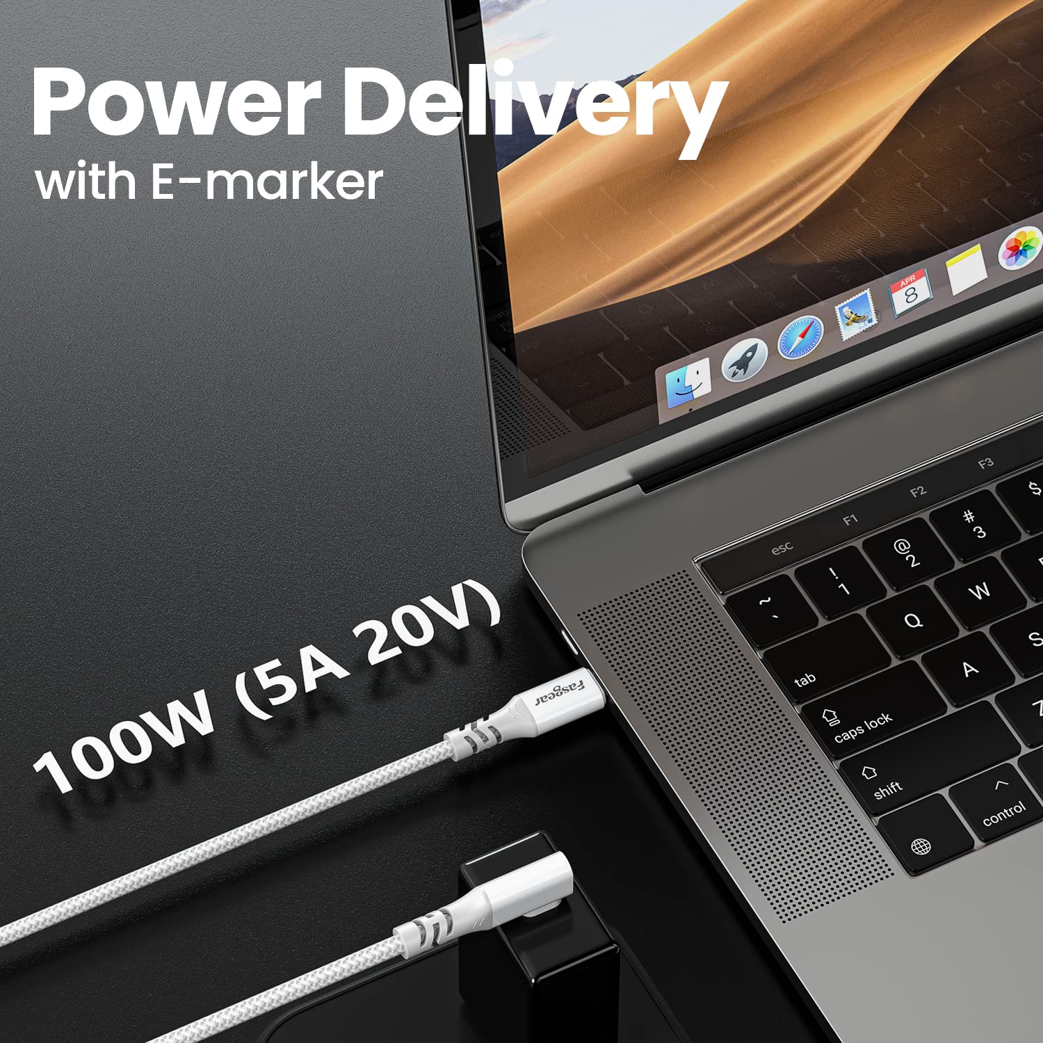Fasgear USB-C 3.2 Gen 2x2 Cable - 10ft, 20Gbps/100W Fast Charge, 4K 60Hz Video, Right Angle, Compatible with MacBook Pro, iPad, Galaxy S22, USB-C Monitors (Grey)