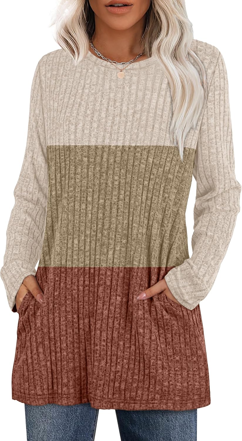 XIEERDUO Long Sleeve Shirts for Women Crewneck Tunic Tops Loose Fit Dressy Womens Sweaters with Pockets Fall Fashion 2025