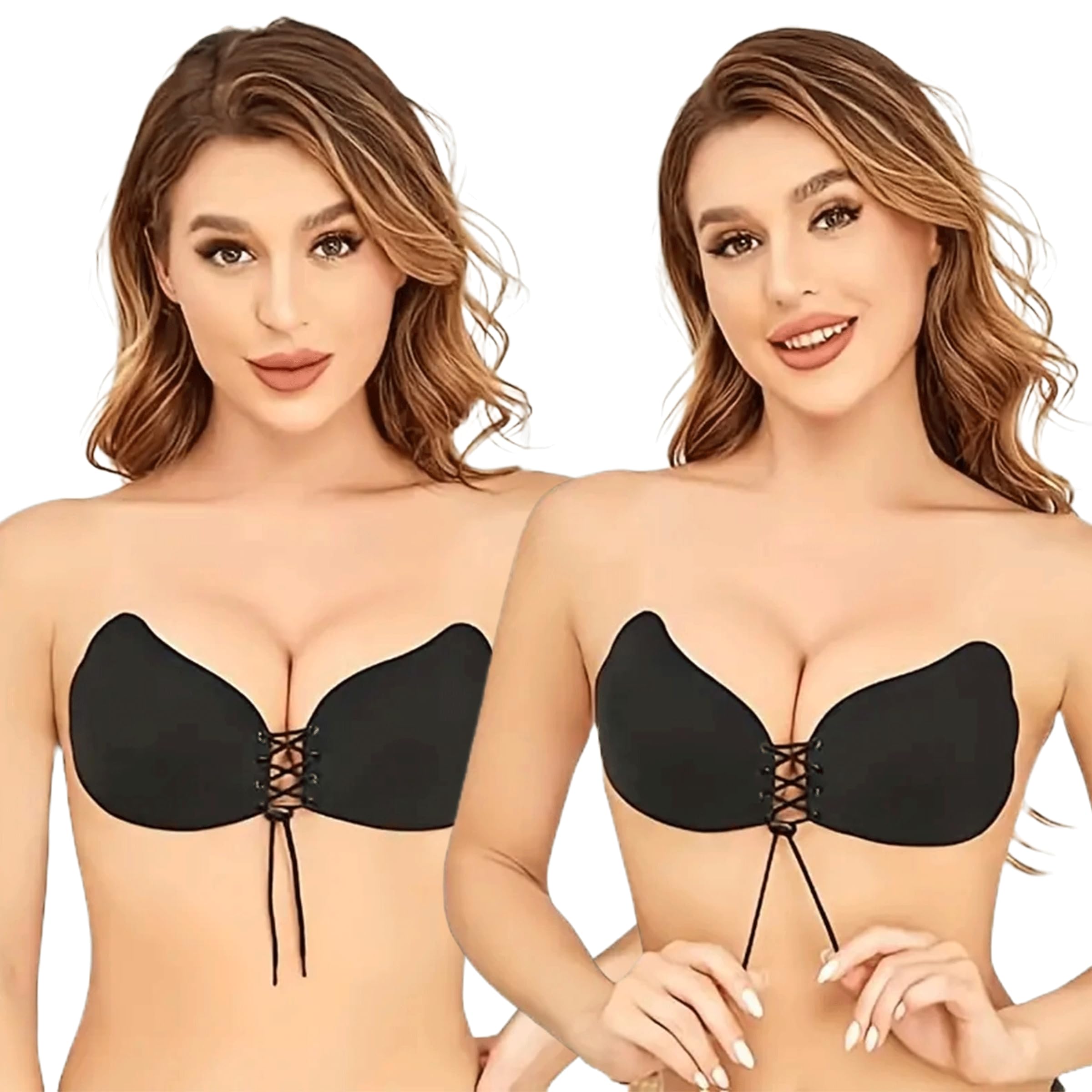 fabluk Sticky Strapless Adhesive Bra - Reusable Self-Adhesive Push-Up Bra, Invisible Backless Silicone Bra for Women, Deep V Design,Breathable Black/Black-picture-6