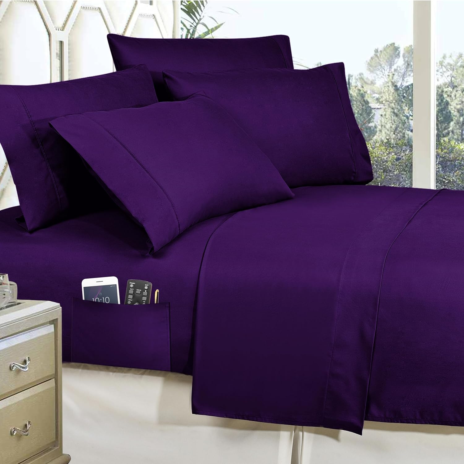 Elegant Comfort Luxury Softest, Coziest 8-Piece Bed-in-a-Bag Comforter Set - Silky Soft Complete Set Includes Bed Sheet Set with Double Sided Storage Pockets, King/California King, Purple