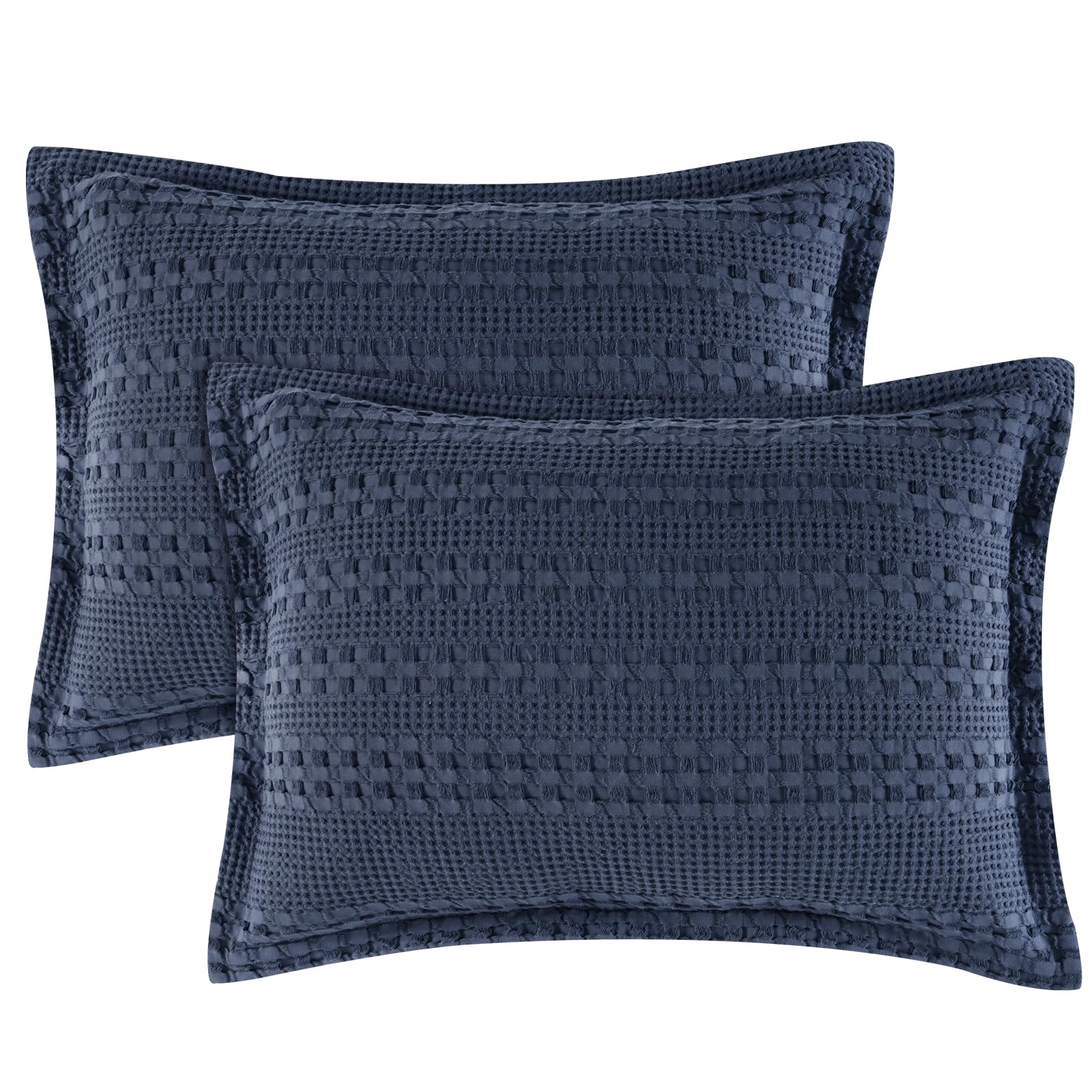 phf 100% cotton ruffle waffle pillow shams king size, 2 pack 20" x 36" soft skin-friendly pillowcases, no filling, aesthetic home decor, breathable waffle weave bed pillow covers, indigo