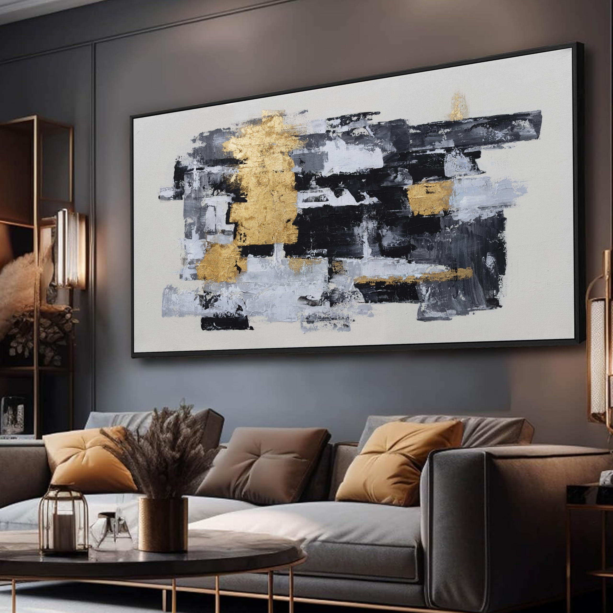 Abstract Wall Art Pictures for Living Room Wall Decoration Modern Home Decor Black White Gold Wall Decor Grafitti Abstract Minimalist Bedroom Office Dining Room Kitchen Framed Decor 24x48in