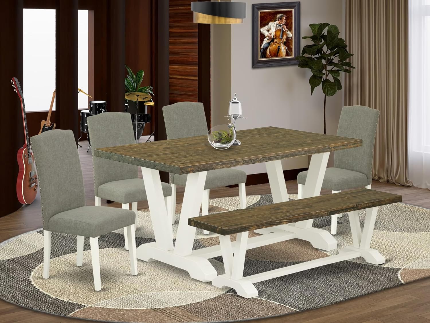 East West Furniture V076EN206-6 6 Piece Kitchen Table Set Contains a Rectangle Dining Table with V-Legs and 4 Dark Shitake Linen Fabric Parson Chairs with a Bench, 36x60 Inch, Multi-Color
