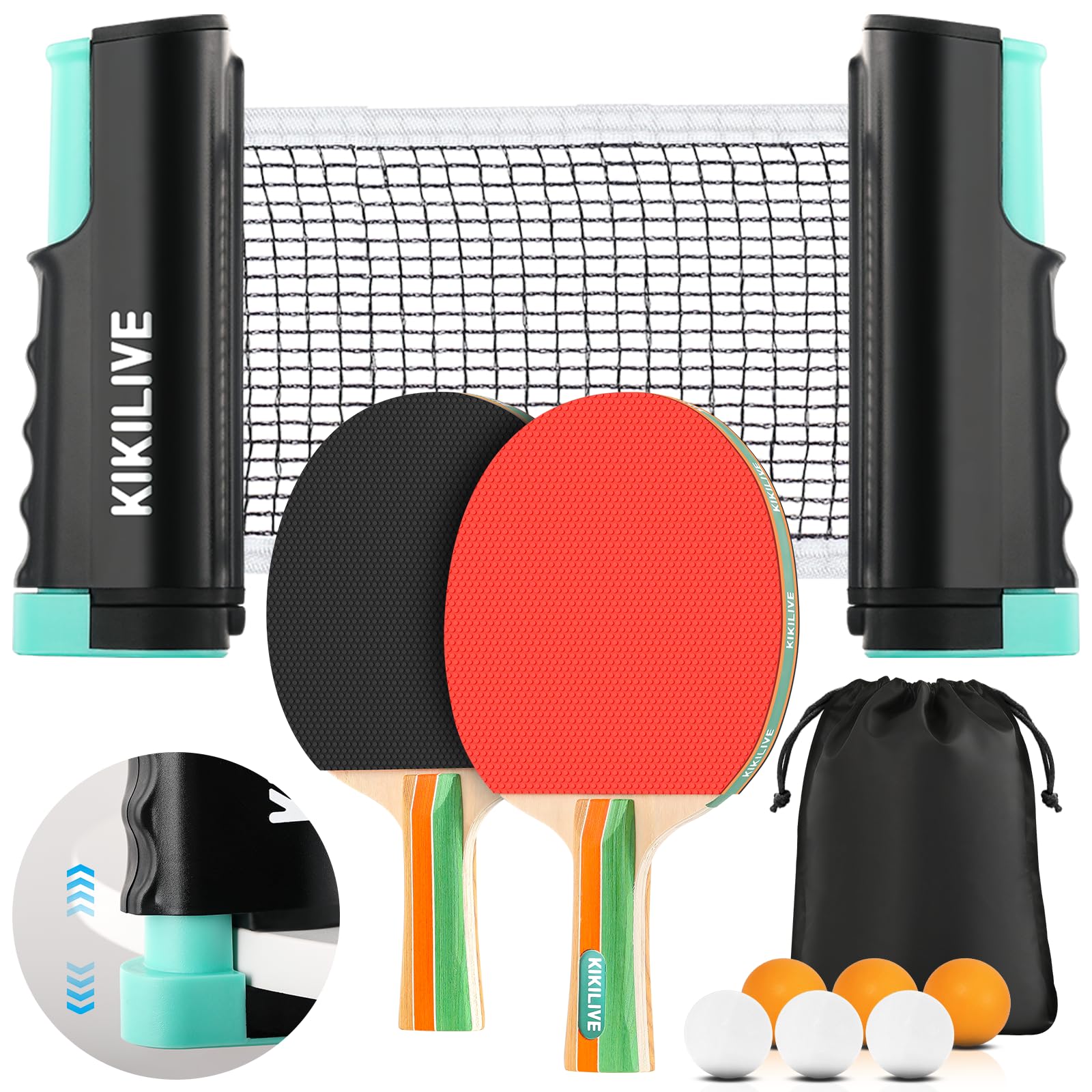 Set de Tennis de Table Portable avec Filet Extensible, 2 Raquettes, 6 Balles et Sac de Transport - Idéal en Intérieur/Extérieur pour Famille, Loisirs et Entraînement.