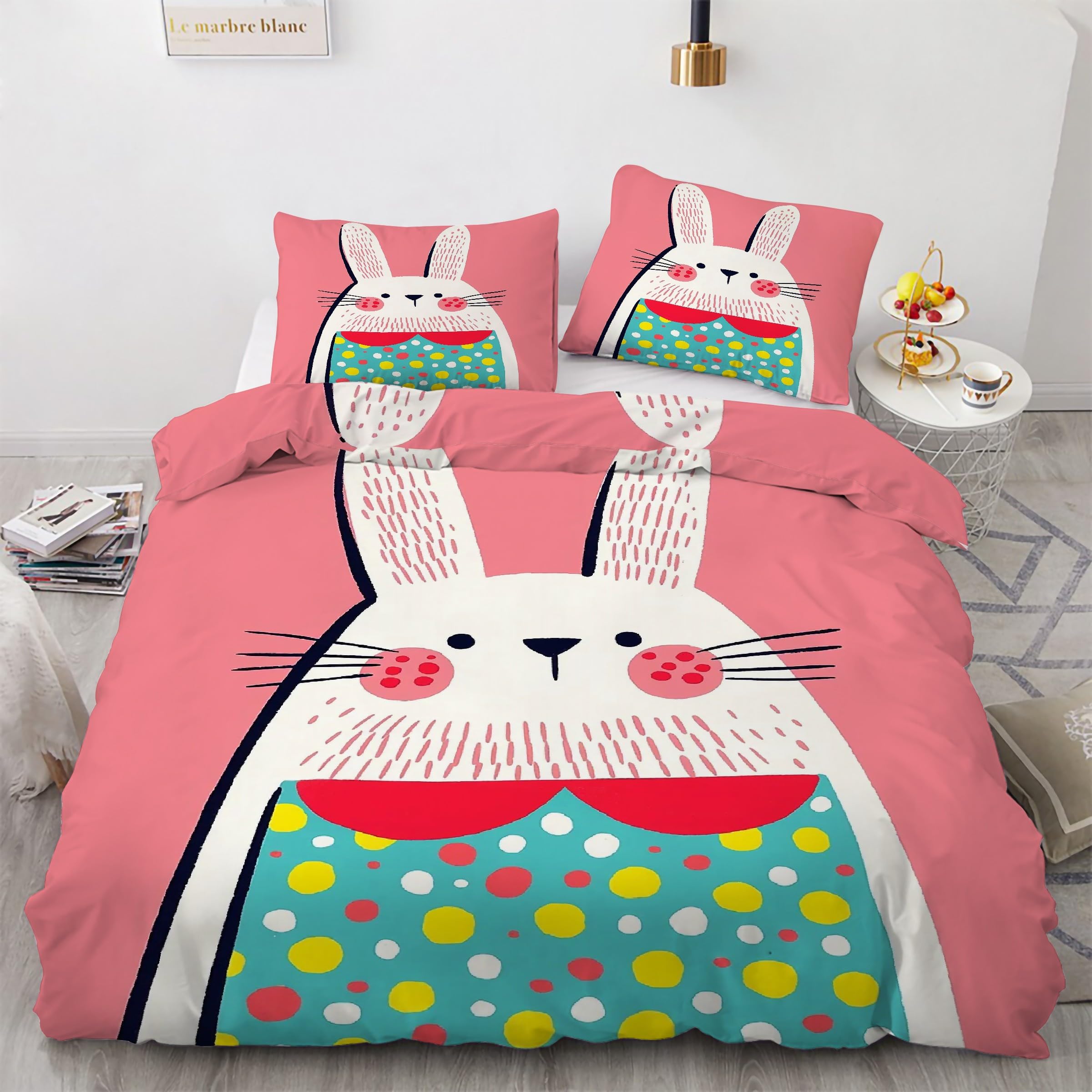 Housse de couette 160x200 lapin parure de lit rose 3 pièces en microfibre zippée