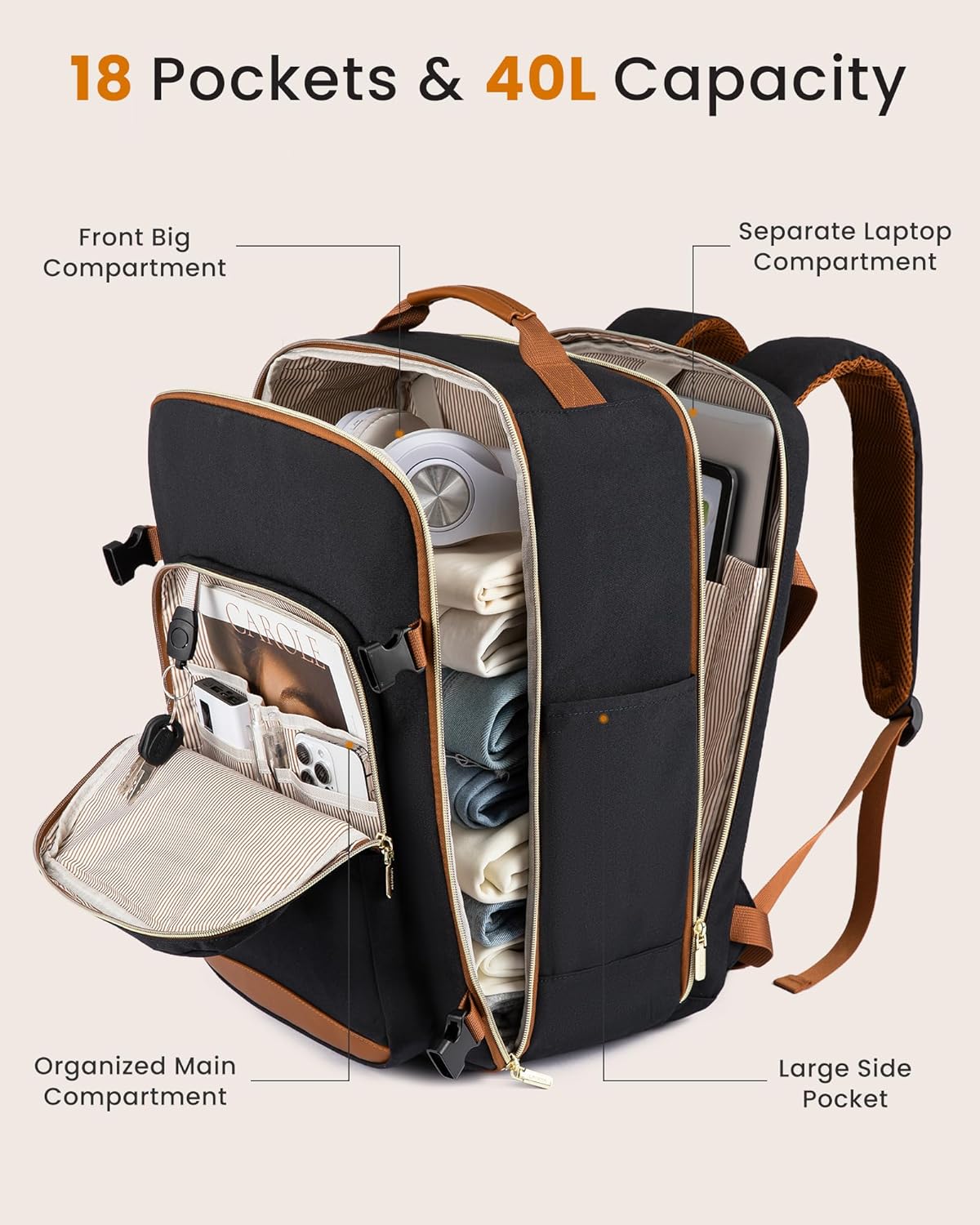 LOVEVOOK 50L Large Travel Backpack for Women Men Fits 17 Inch Laptop, Carry on Backpack for Traveling on Airplane, Personal Item Bag Airline Approved, Business Causal Weekender Backpack, Black-Brown