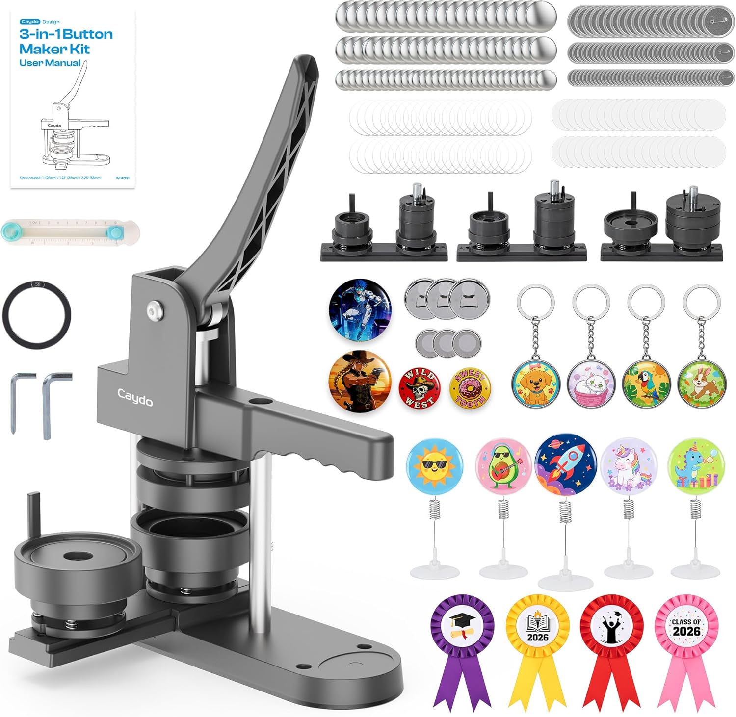 Caydo Button Maker Machine Multiple Sizes, 1+1.25+2.25 Inch Pin Maker Machine Kit, 3 in 1 Button Press Machine Making Kit with Maker Supplies for Fridge Magnet Keychain Bottle Opener DIY Crafts