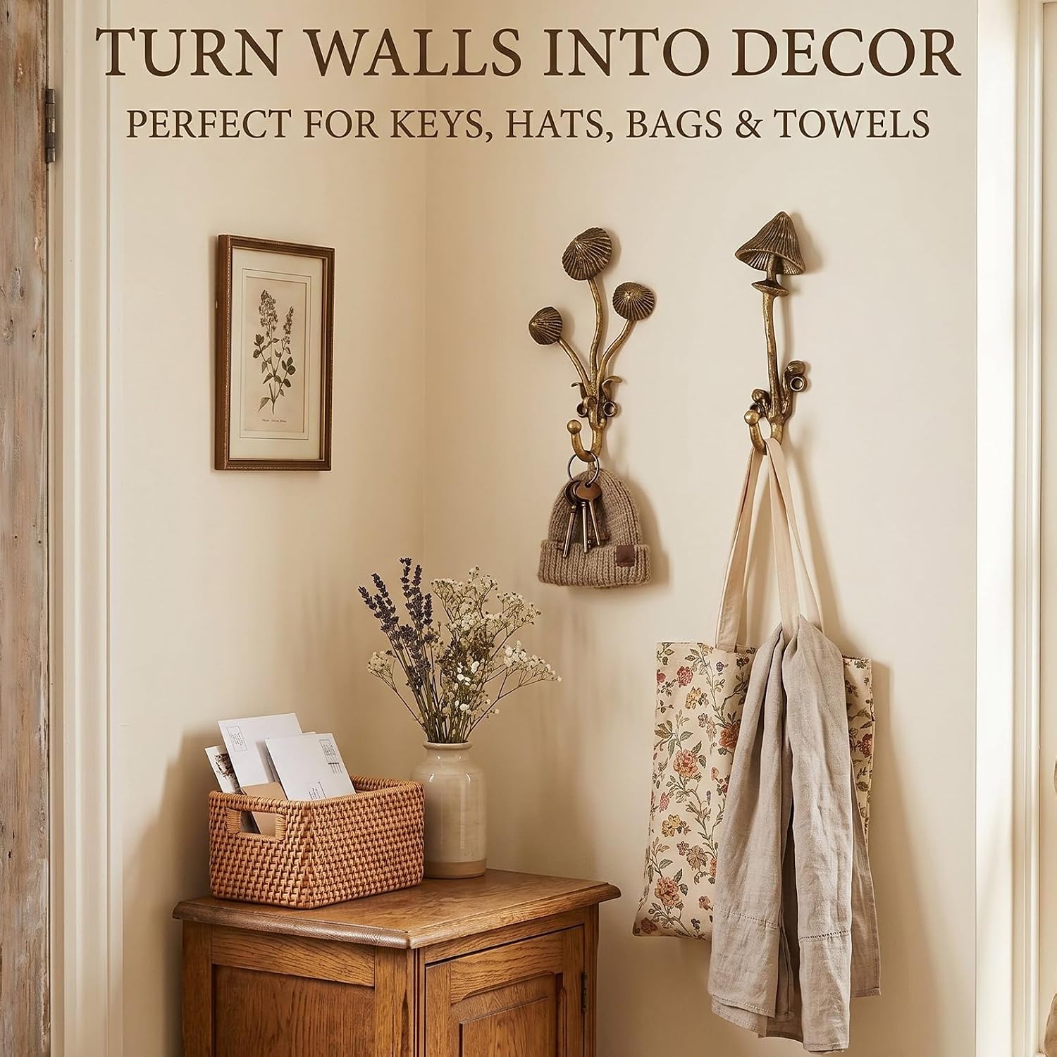 Zonon 2 Pieces Antique Brass 3D Mushroom Hook Whimsical Wall Hooks Metal Mushroom Decorative Wall Hooks Coat Hangers 6.9 Inch Cottagecore Farmhouse Style for Entryway Bedroom Bathroom