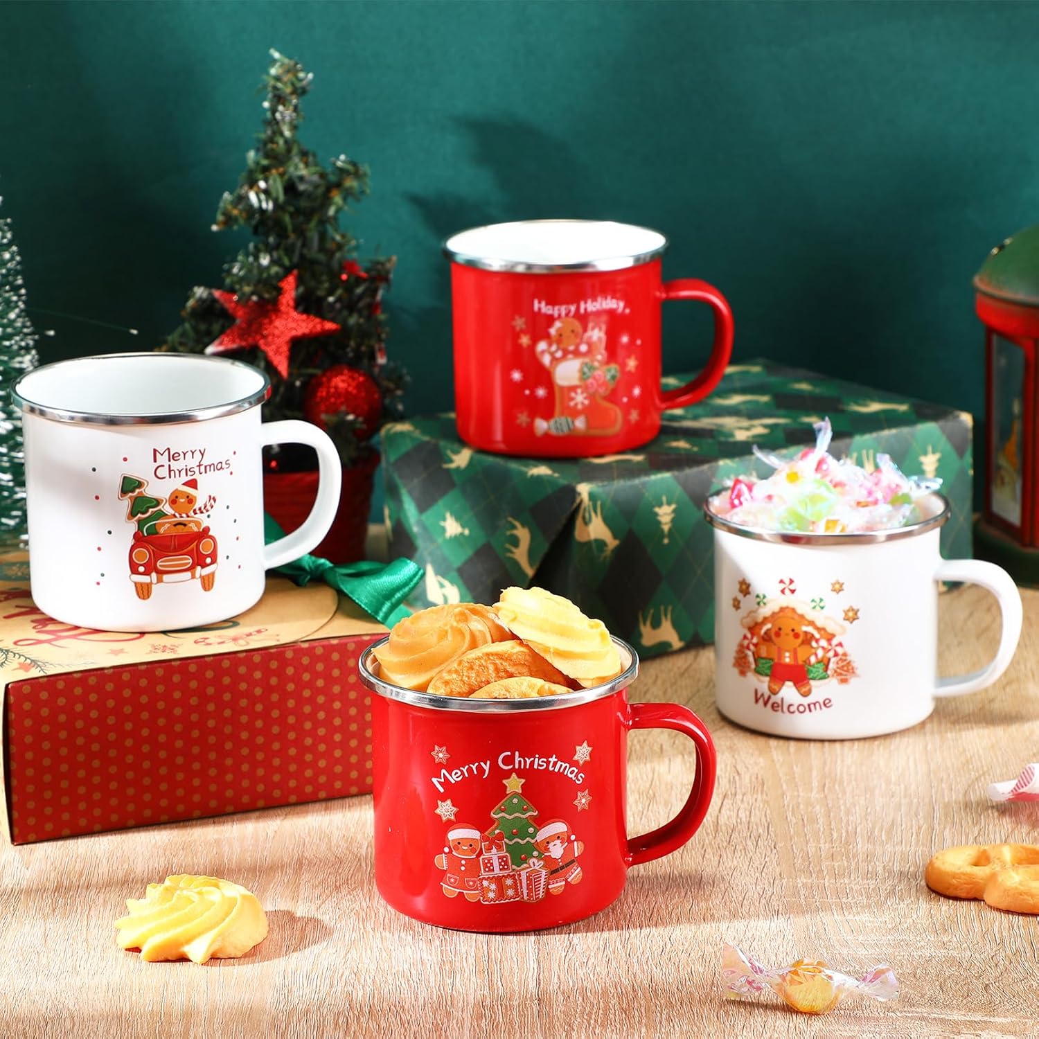 Zhehao 4 Pcs Christmas Mini Coffee Mug 8.5 oz Christmas Mugs Enamel Cup Gingerbread Coffee Cup with Handle Portable Camp Small Holiday Enamel Tea Cups for Indoor Outdoor Home Women Gifts