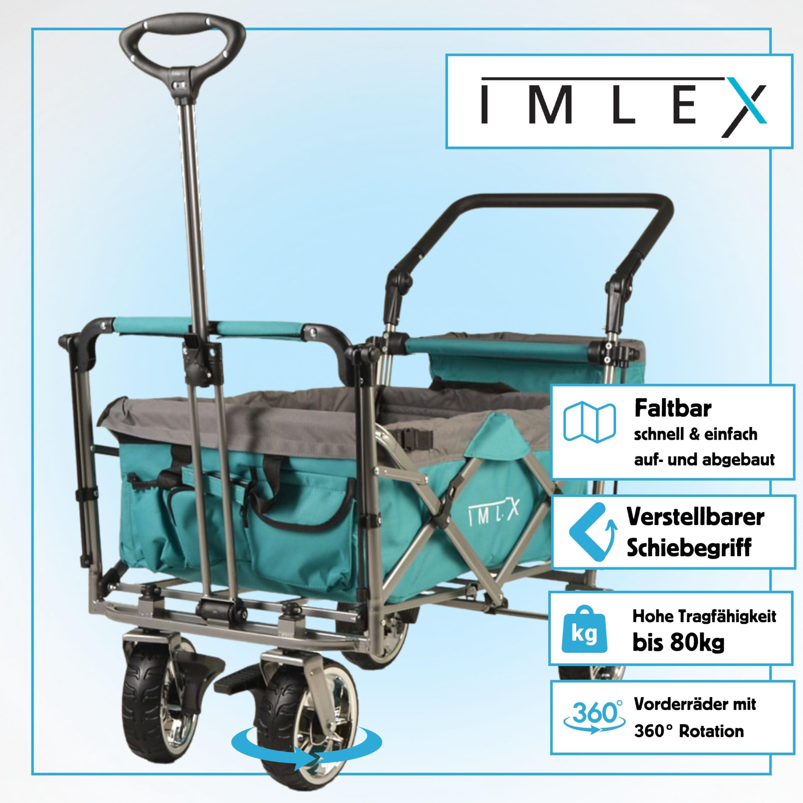 IMLEX Bollerwagen faltbar XXL mit Dach – Handwagen für 2 Kinder bis 80 kg – Schiebegriff & Zugstange – Geländereifen – kompakt klappbar für Strand, Camping, Garten, Zoo & Freizeit IM-4268 Türkis