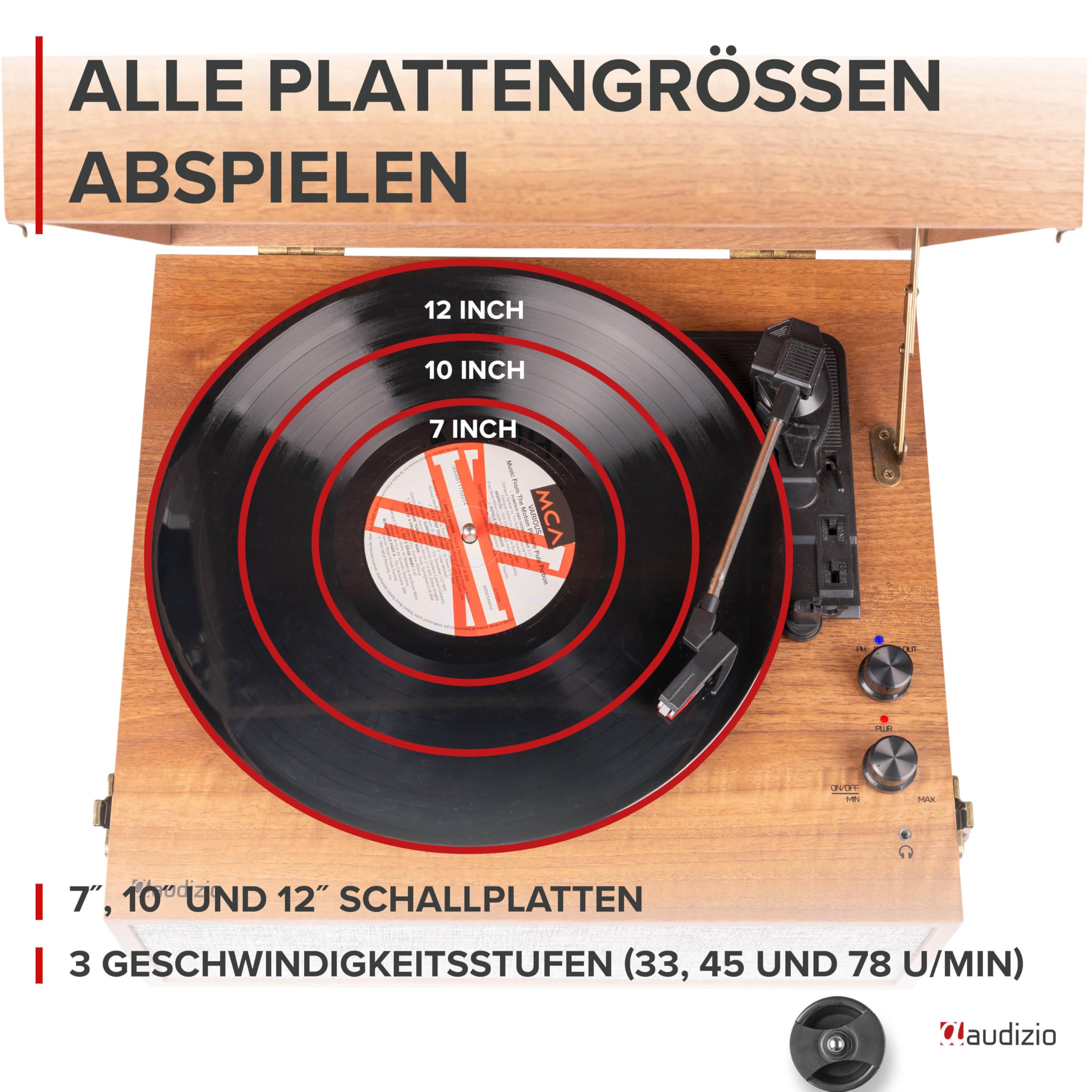 Audizio Fremont Schallplattenspieler Retro Plattenspieler Bluetooth Transmitter & Receiver, Tisch Plattenspieler mit Lautsprecher, Retro Vinyl Player für Schallplatten, Holz