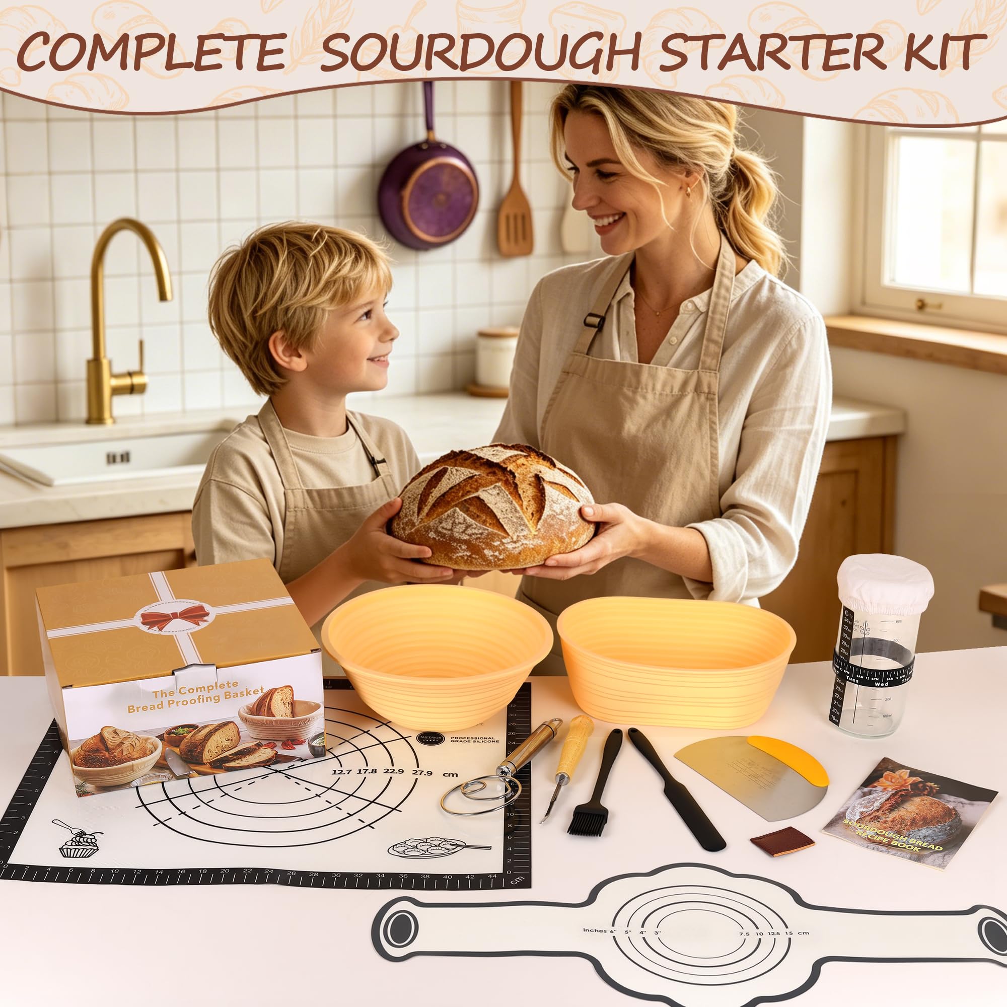Kit di 21 cestini per lievitazione di lievitazione naturale, kit base rotonda e ovale, cestino in silicone per lievitazione del pane con barattolo da 680,4 g, pieghevole e lavabile, ideale per