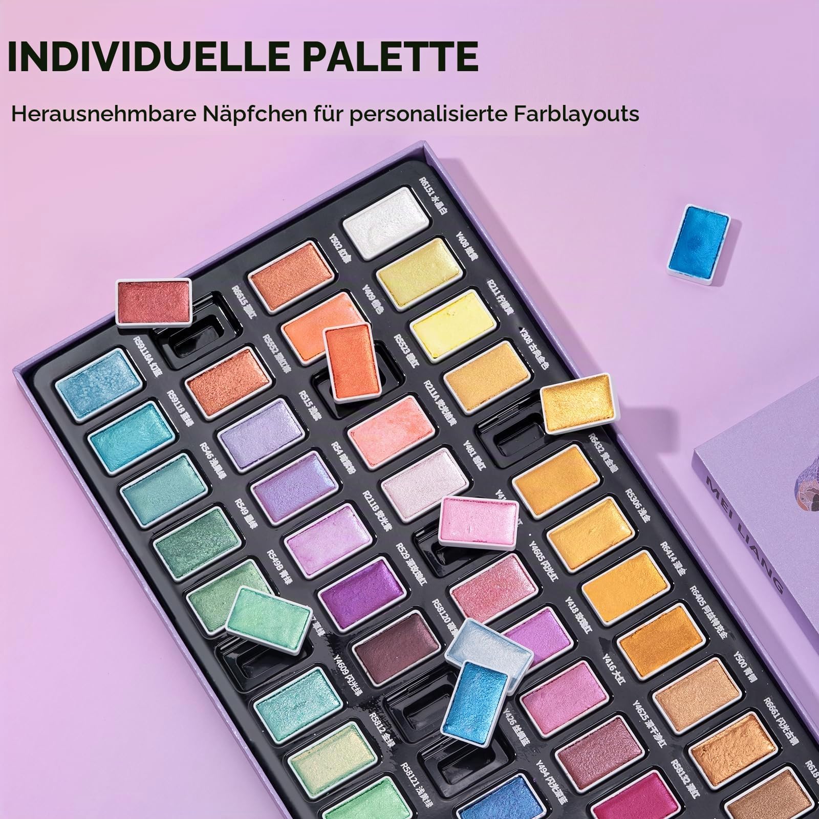 48 Farben Metallic Aquarellfarben-Set – Vollnäpfchen mit Perlmutt- & Glitzereffekt, hochpigmentiert, herausnehmbare Näpfchen. Ideal für Anfänger, Künstler und Aquarellmalerei