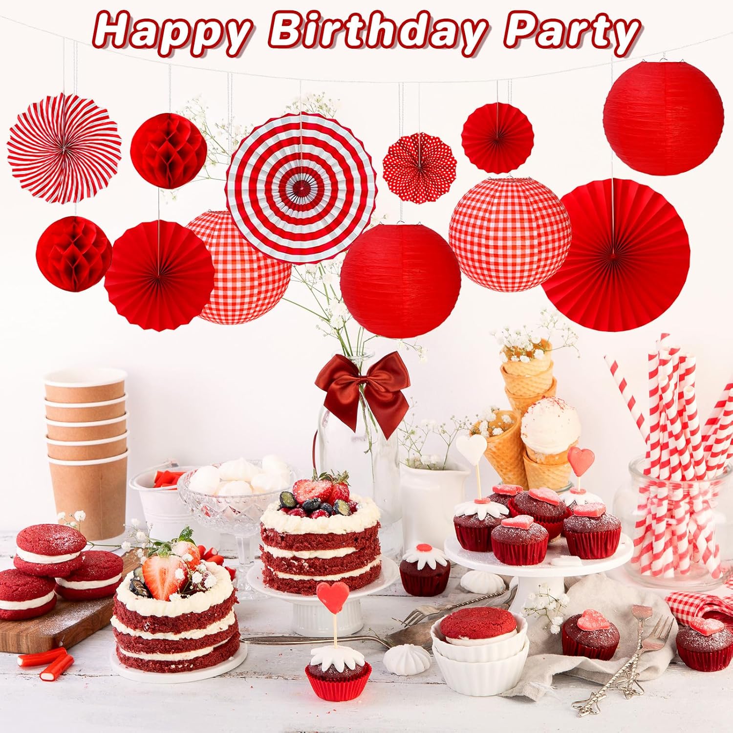 20 PCS Red Party Decorations Kit,Red and White Hanging Paper Lanterns,Round Paper Fans Honeycomb Balls for Birthday Wedding Graduation Picnic BBQ Baby Shower Pizza Party Lunar New Year Home Decor