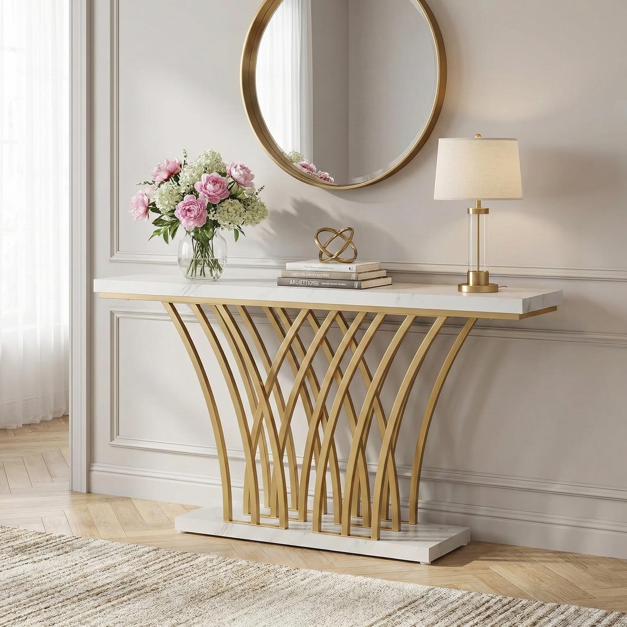 Lailang 150cm Consolle Ingresso, Tavolo Stretto e lungo, Mobile ingresso Legno, Consolle dietro Divano, Mobiletto ingresso moderno, 150 x 30 x 80 cm, White Faux Marble & Gold