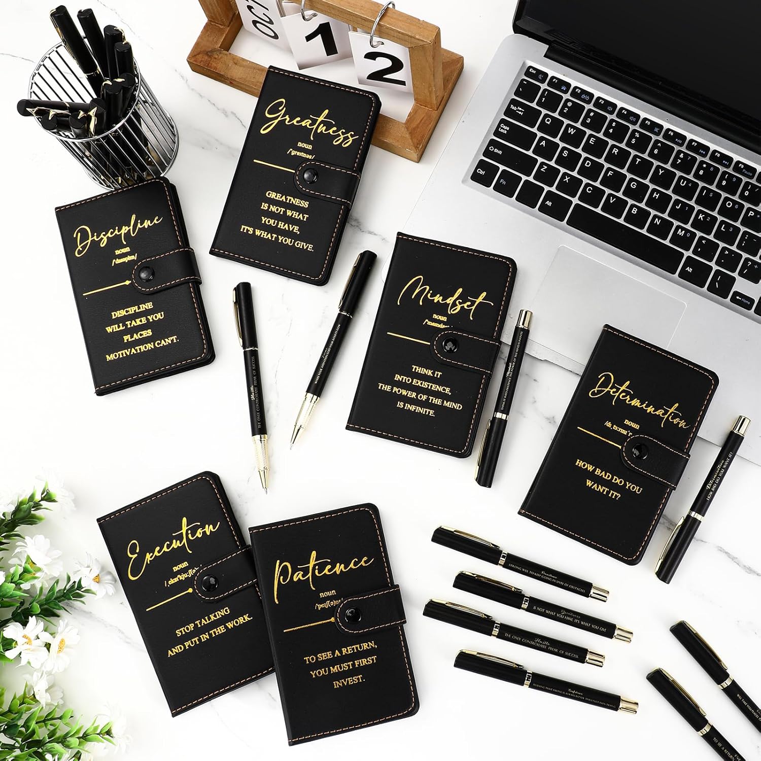 Tenceur 10 Sets Pocket Notebooks with Pens Positive Gifts A6 Leather Journals Bulk for Employee Coworker Student Office Supplies Motivational Gifts, 160 Lined Pages/Notebook (Black) - Image 4