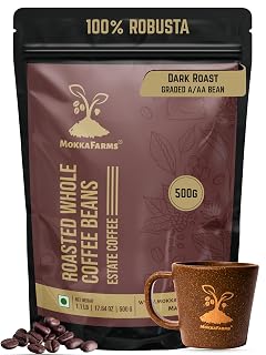 MokkaFarms Roasted Whole Coffee Beans 500g | 100% Robusta | Dark Roast, Sundried/Cherry, A/AA Grade | Freshly Roast Estate Coffee | Strong Flavor & Aroma | Farm to Fork Quality | Zip Lock Bag