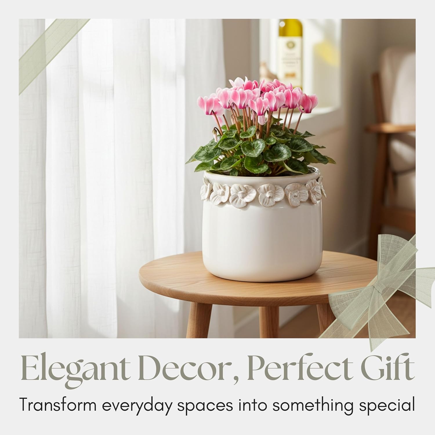 Glazed Decorative Planter Pot Without Stand – Ceramic Stoneware Outdoor & Indoor Plant Pot with Floral Applique Pattern – Modern Garden & Home Decor Ceramic Planters – 5", Ivory