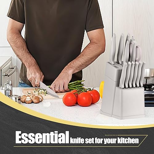 Miniatura 10 de HaWare - Juego de cuchillos de cocina con bloque, 17 piezas de acero inoxidable, juego de cuchillos de chef profesional, incluye Santoku para tallar