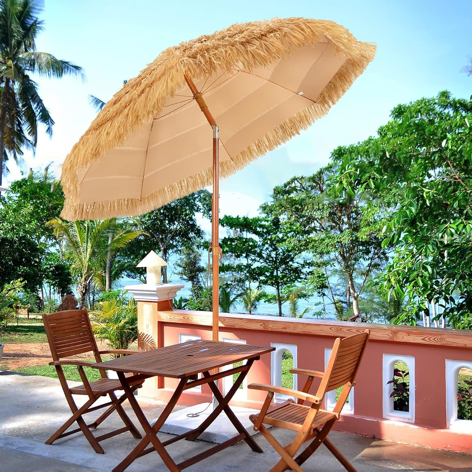 Parasol Tiki na patio, naturalna strzecha z regulacją nachylenia i podnośnikiem korbowym, do basenu, ogrodu, na plażę