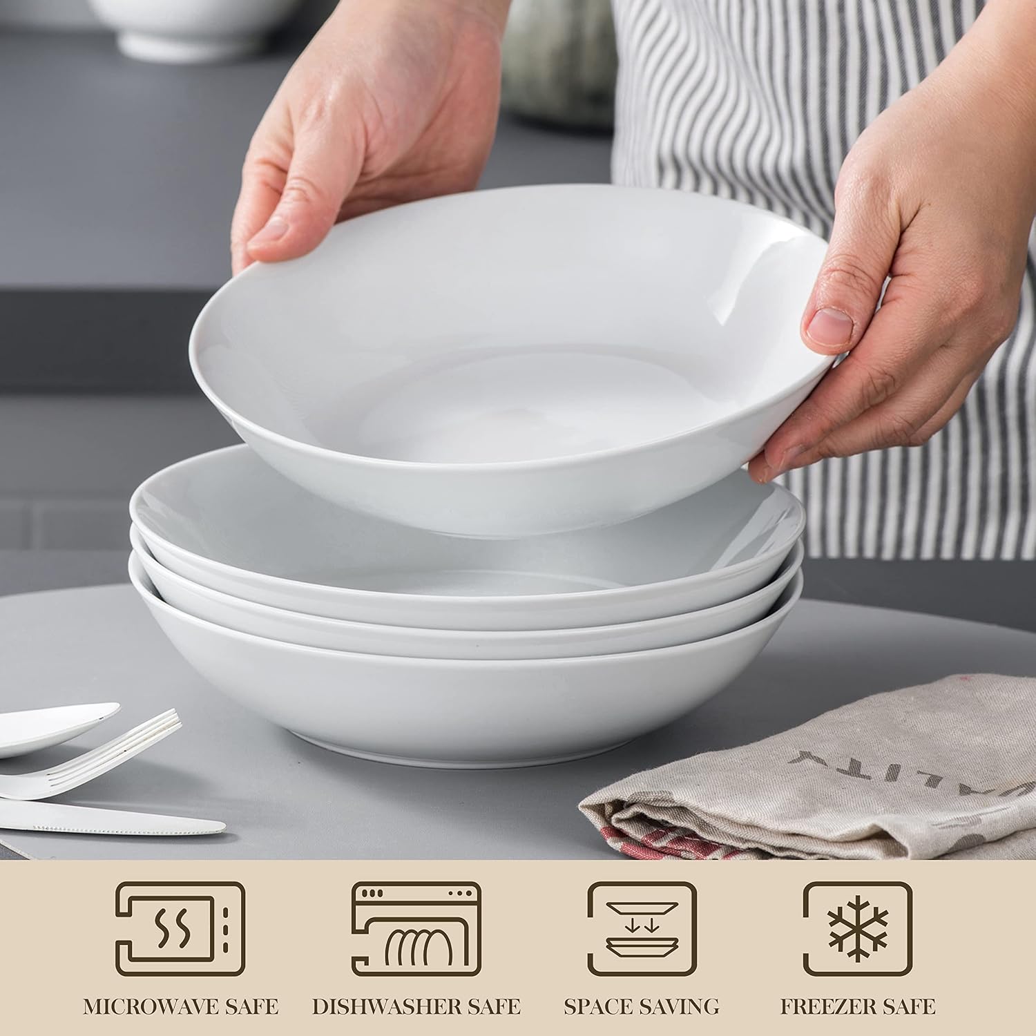MALACASA, Series Regular, 8'' Pasta Bowl, Porcelain Salad Pasta Bowl, Large Ceramic White Soup Bowl Set - Image 5