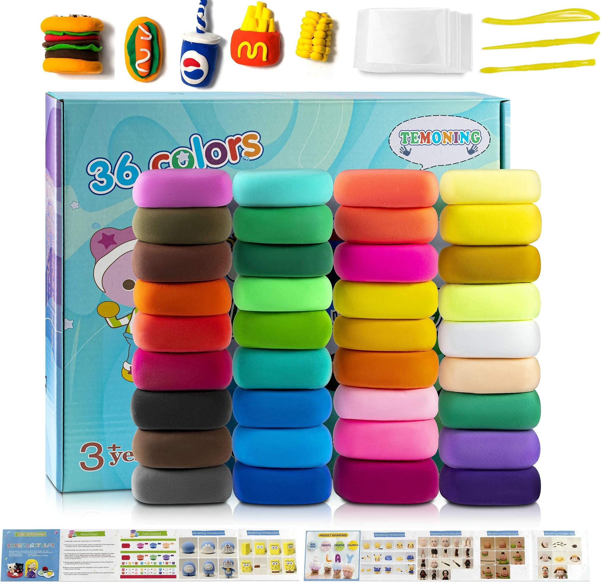 Temon Air Dry Clay Kit,36 Colors Ultra Light Modeling Polymer Clay Set, Soft Modeling Dough with Project Booklet, Wonderful DIY Educational Creative Gift for Kids (36)