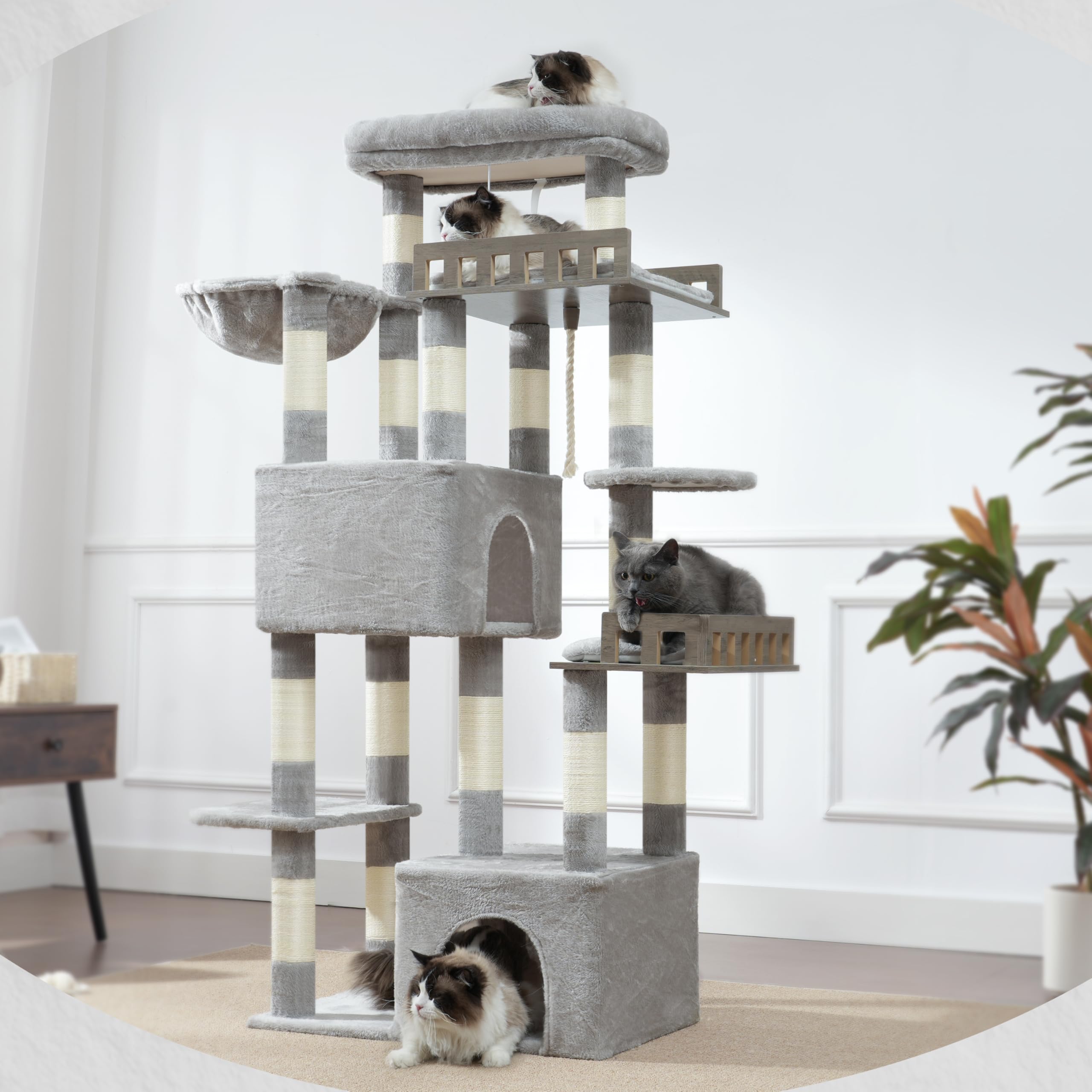 Gitelsnour Kratzbaum groß, Katzenbaum für große ausgewachsene Katzen, 174cm Katzenkratzbaum mit Hängematte, 2 große Sitzstangen, 2 Katzenhöhlen,15 Kratzstangen, Hellgrau GCT033W