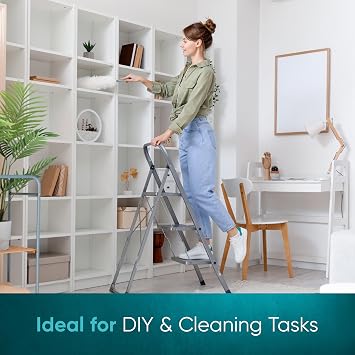 3 Step Ladder | Portable Folding Ladders | Lightweight Sturdy Steel Ladder | Anti Slip Feet | Non-Slip Safety Treads | Easy to Store Step Stool | DIY Gardening Kitchen Garage | 150kg Capacity, White