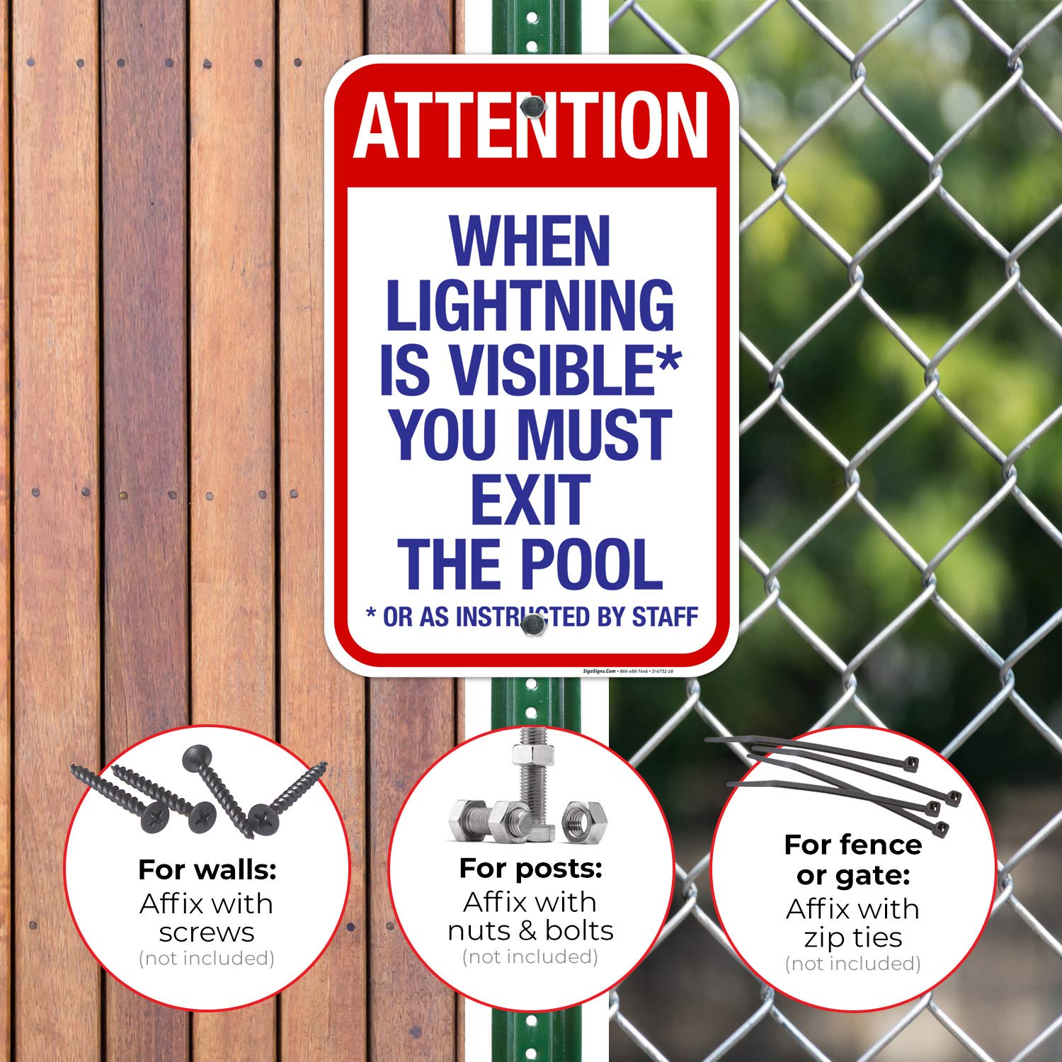 Attention When Lightning is Visible You Must Exit The Pool Sign, Pool Sign, 12x18 Inches, Rust Free .063 Aluminum, Fade Resistant, Made in USA