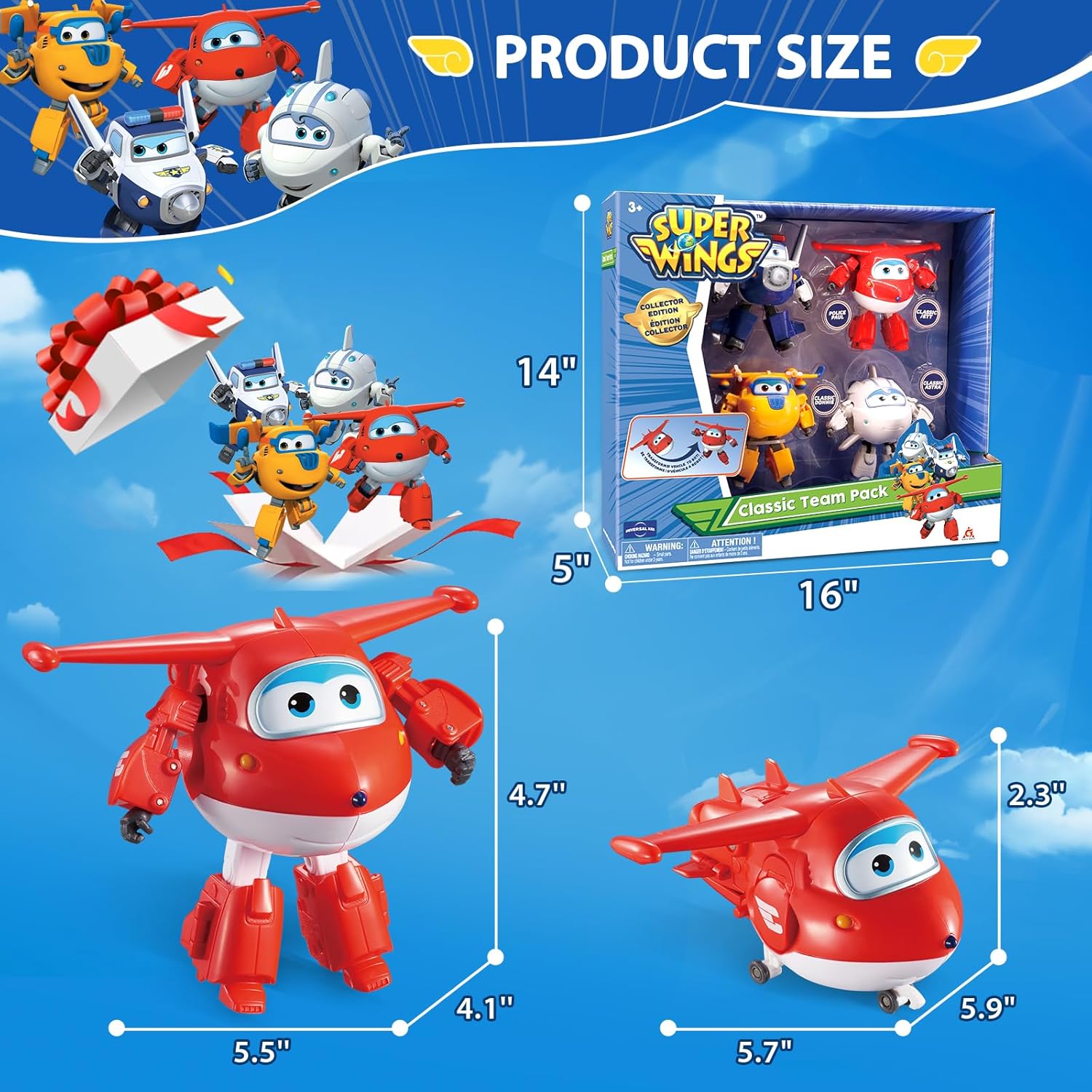 Super Wings 5" Transformable Toys 4-Pack Action Figure Tobot, Transforming Airplane Robot Toys for Boys & Girls Age 3+, Gifts for Preschool Kids, Jett, Paul, Donnie, Astra