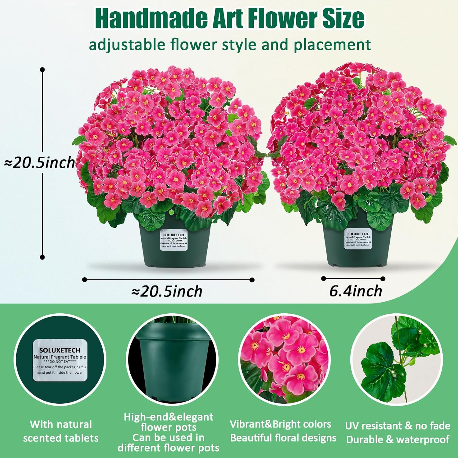 Artificial Handmade Geraniums with Flowers Scent 2 Pots Pink White Purple Lavender Lifelike Faux Geraniums Bushes Fake Flowers for Wedding Party Home Office Indoor Outdoor Plants Decor