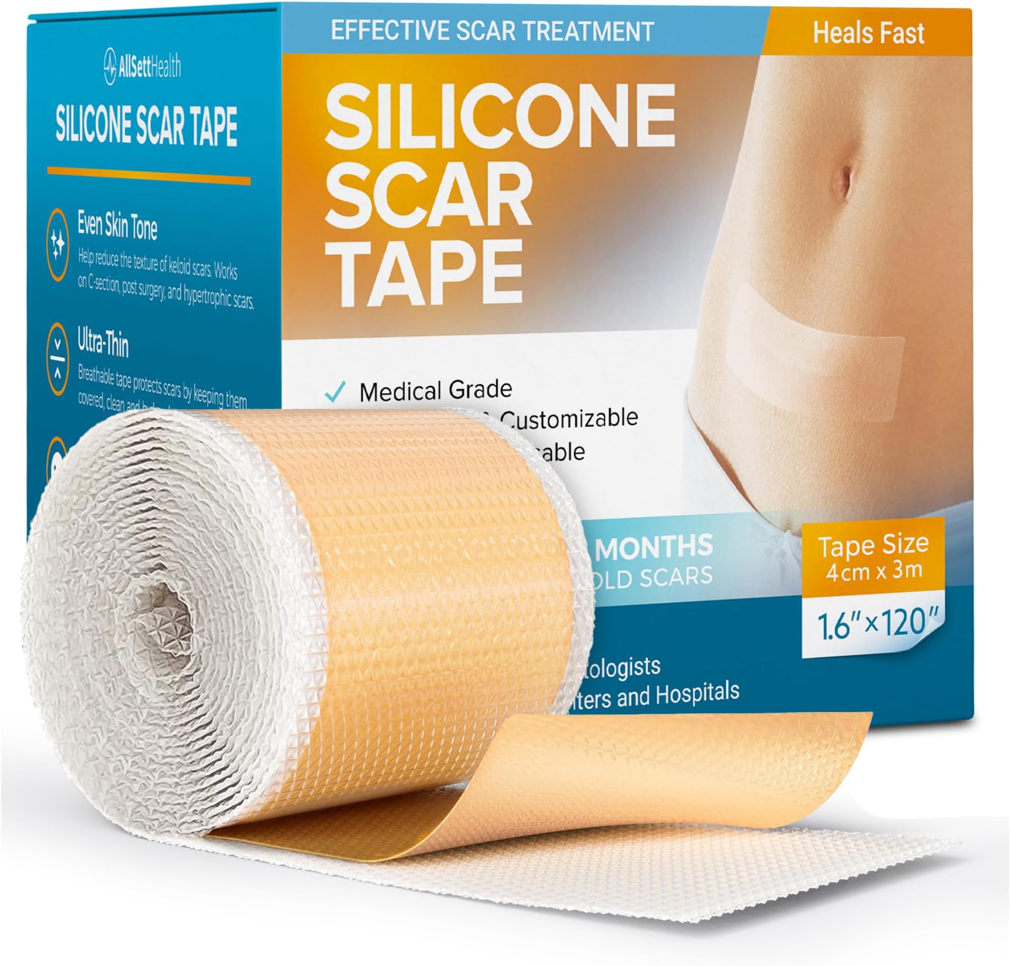 Silicone Scar Tape Reusable Sheets (120” x 1.6”) Medical Grade Silicone Scar Sheets for Surgical Scars, Burns, Tummy Tuck, Keloid, C-Section - Cut to Size Scar Treatment
