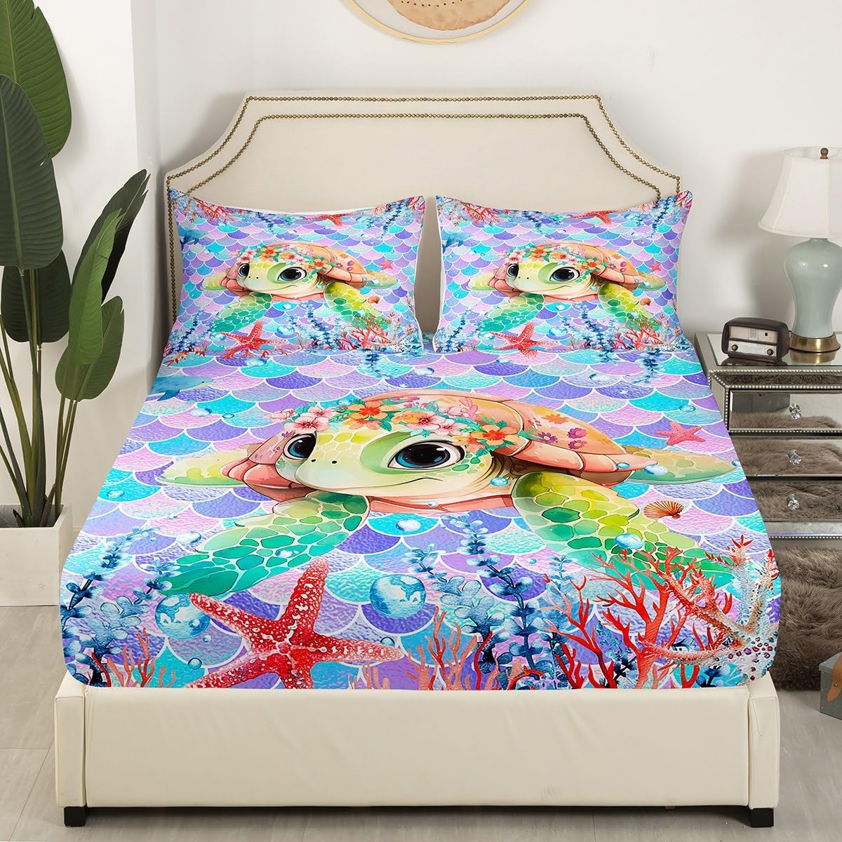 Feelyou Sea Turtle Fitted Sheet Full Size, Mermaid Scales Bed Sheet Set Ocean Turtle Bedding Set for Kids Boys Girls Ocean Coastal Bed Cover Lightweight Bed Set (No Flat Sheet)