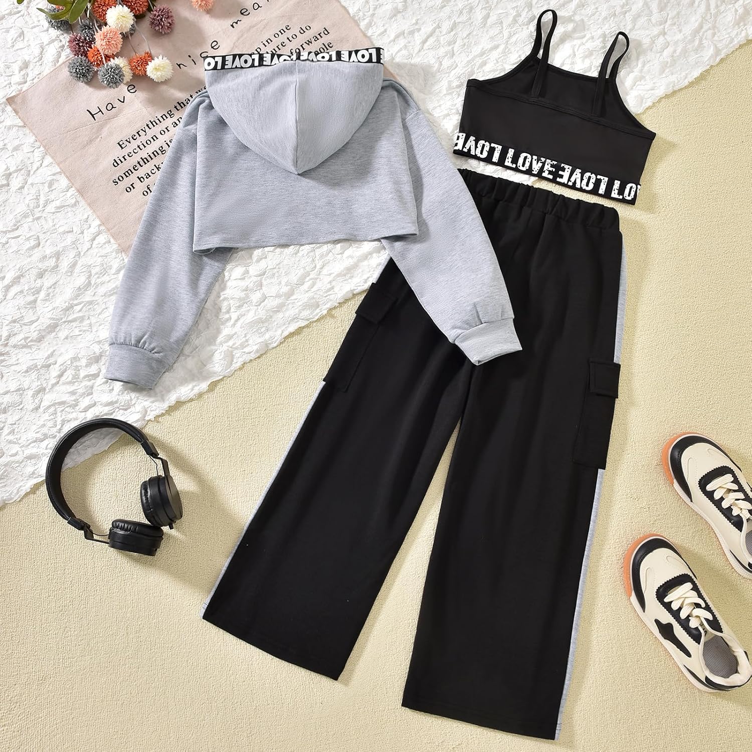Girls 3 Piece Outfits Color Block Sweatsuit Workout Hoodie Litter Graphic Crop Tank and Pants Set
