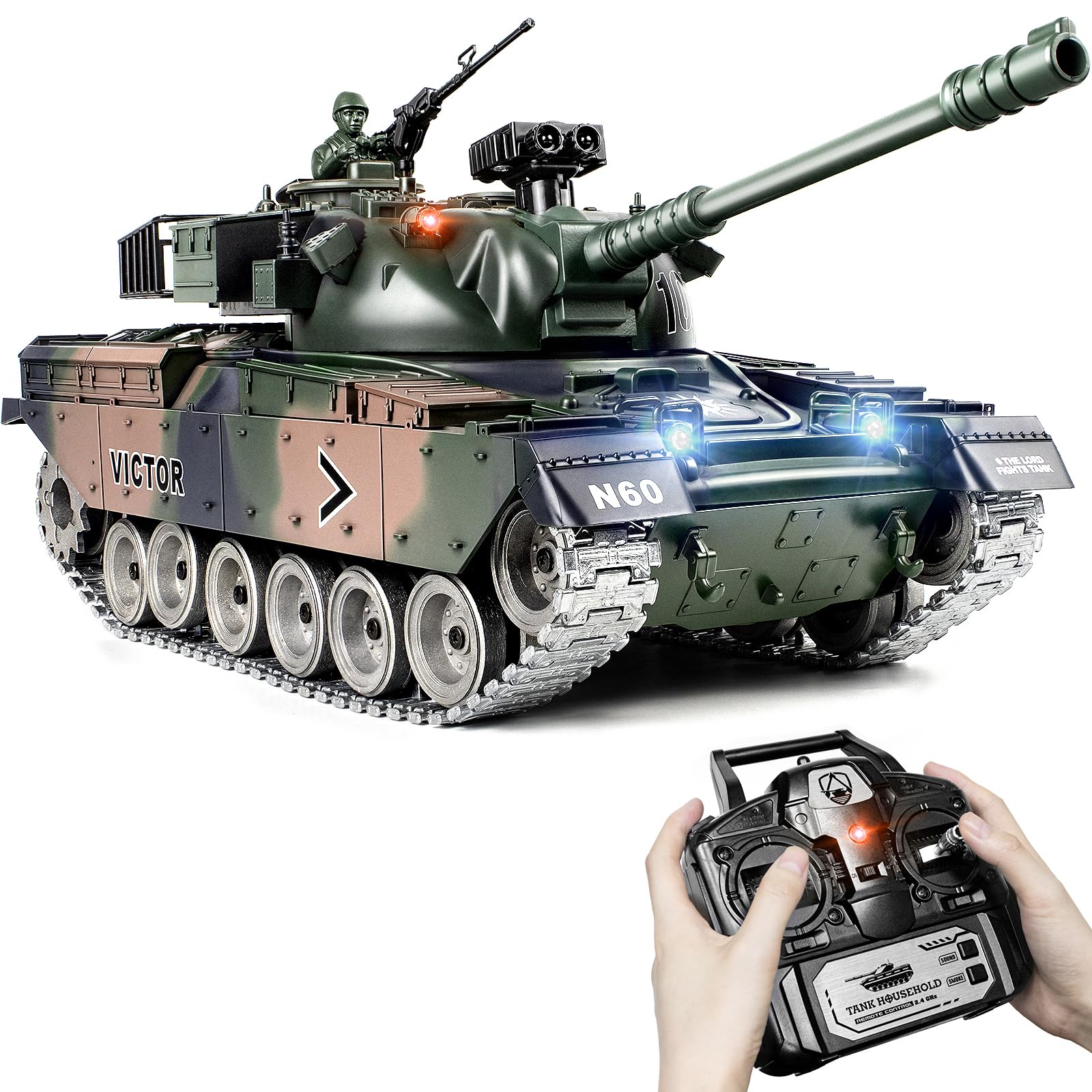 RC Tank, 1:18 Alloy Metal US M60 Remote Control Army Model Toys, 2.4Ghz RC Vehicle with Realistic Smoke, Sound and Lights, Military Tank That Shoots BBS for Adults and Kids