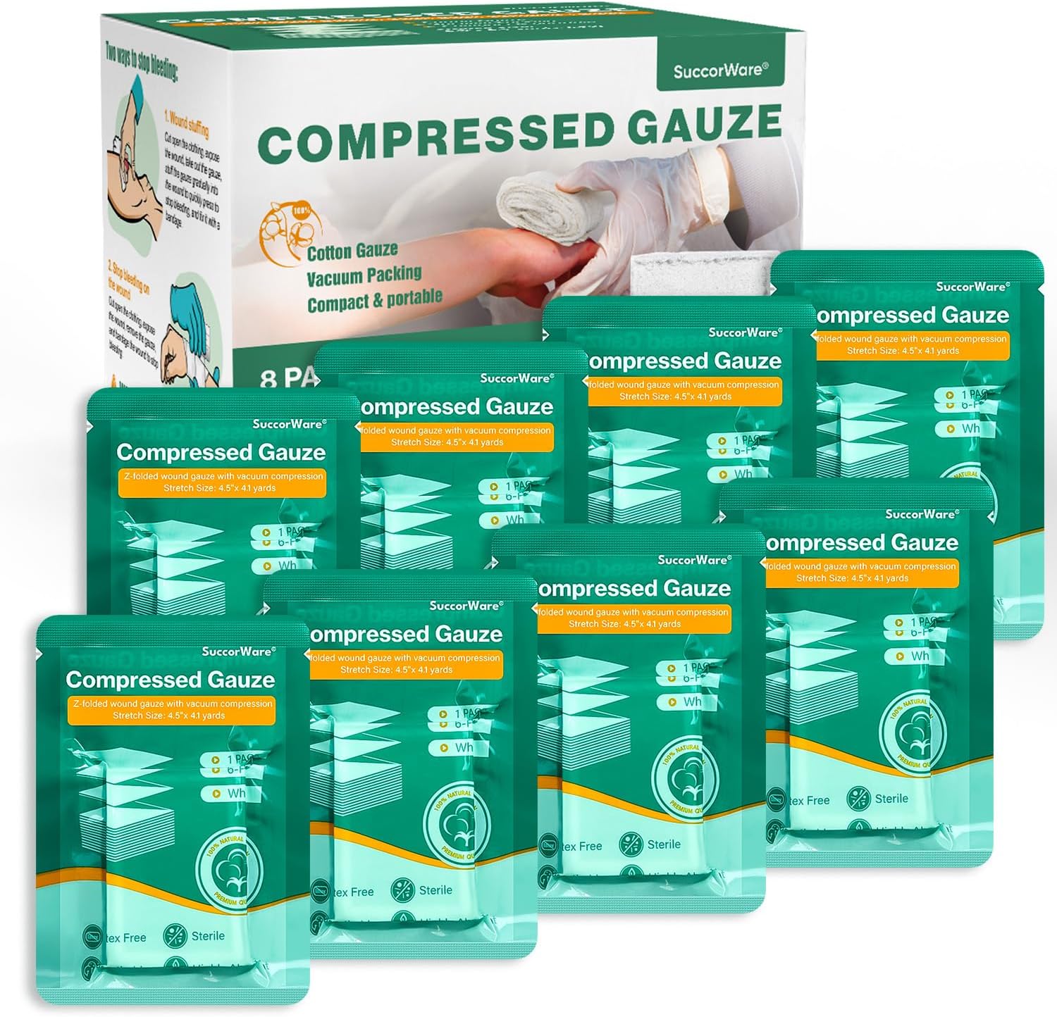 SuccorWare 8 Packs Sterile Compressed Gauze with Z-Folded - Wound Gauze for Bleed Stop, 4.5" x 4.1 Yards, 6-Ply - for First Aid Kit,Medical Trauma Kit, IFAK Supplies Refill