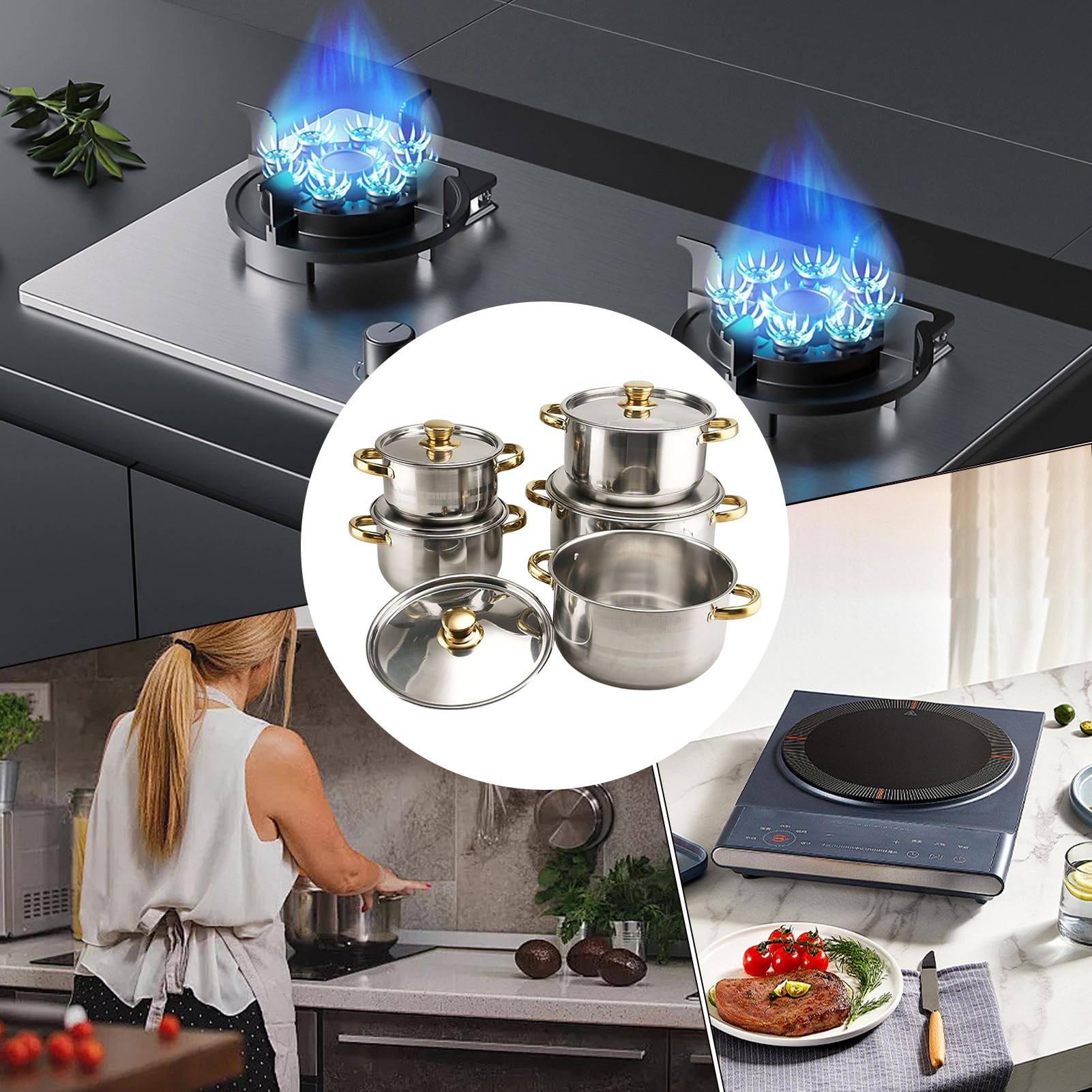 -Set, antihaftbeschichtet, Edelstahl-Kochset, Induktionsküche, Kochset | für Suppe, Nudeln, Camping, Restaurant, Haushalt, Schlafsaal, Wohnung