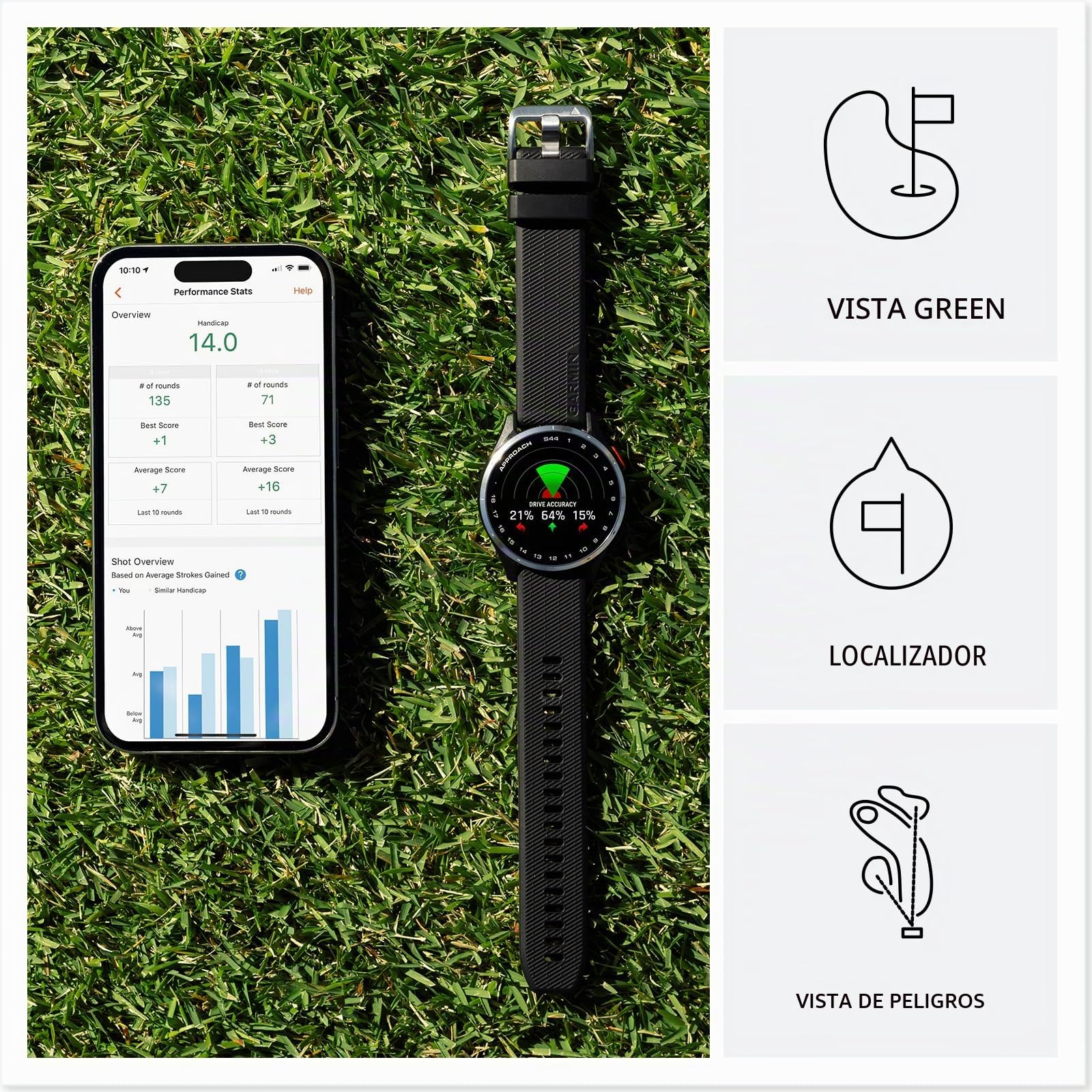Garmin Approach S44, Essential Golf GPS Smartwatch, Pantalla AMOLED, características en el Campo, Bisel de Aluminio Plateado con Correa de Silicona Negra