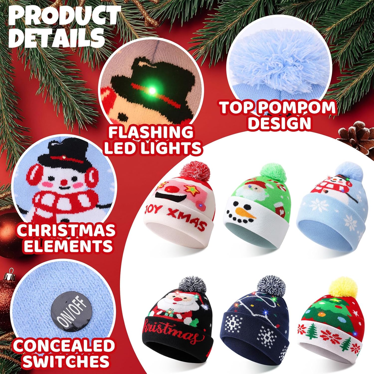 6 Pack LED Christmas Hat, Colorful Light-up Knitted Beanie Hat for Holiday Christmas New Years Party Supplies - Image 3