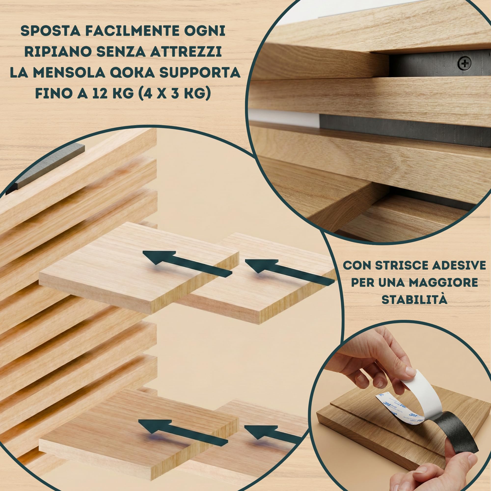 Mensola da Muro in Legno Massello, Scaffale da Parete Sospesa Design per Salotto, Cucina e Bagno, Mensole Moderne per Libreria (Nero)