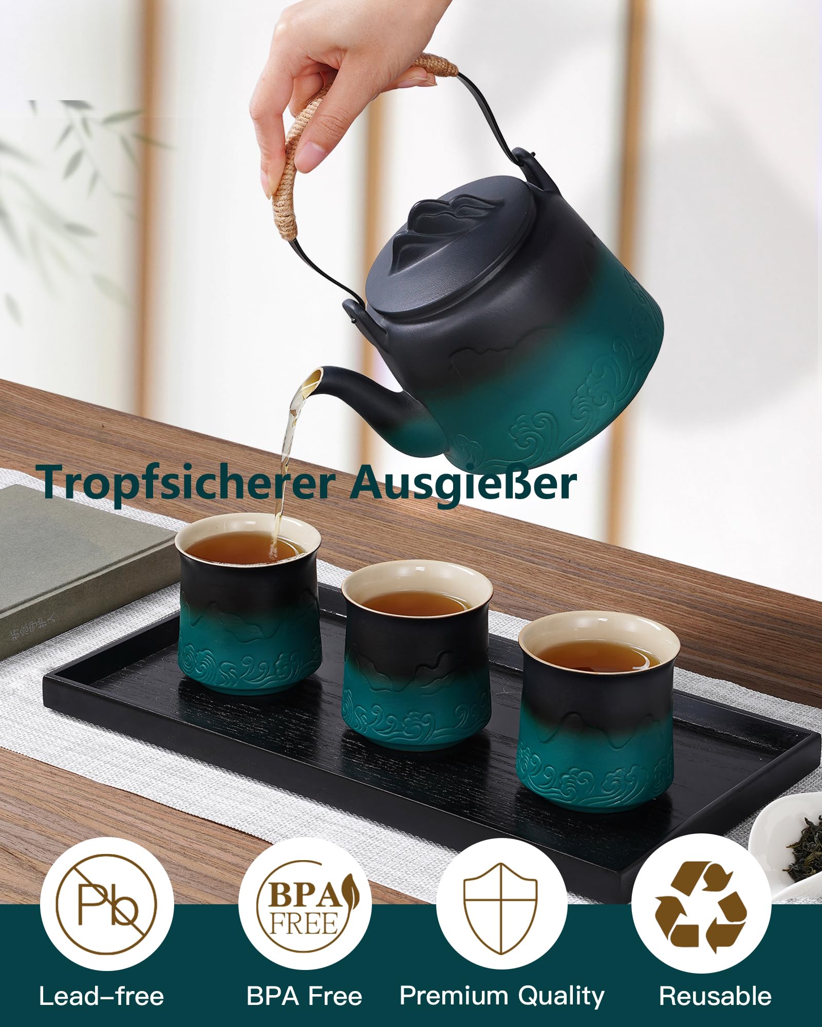 ZENS Design Japanische Teeservice,1000ml Gradienten Geprägtem Japanische Teekanne mit 4 Tassen Set, Hanfseilgriff Teeset mit Eingebautes Sieb für Weißer Losen Tee Steeper, Schwarz & Grüner