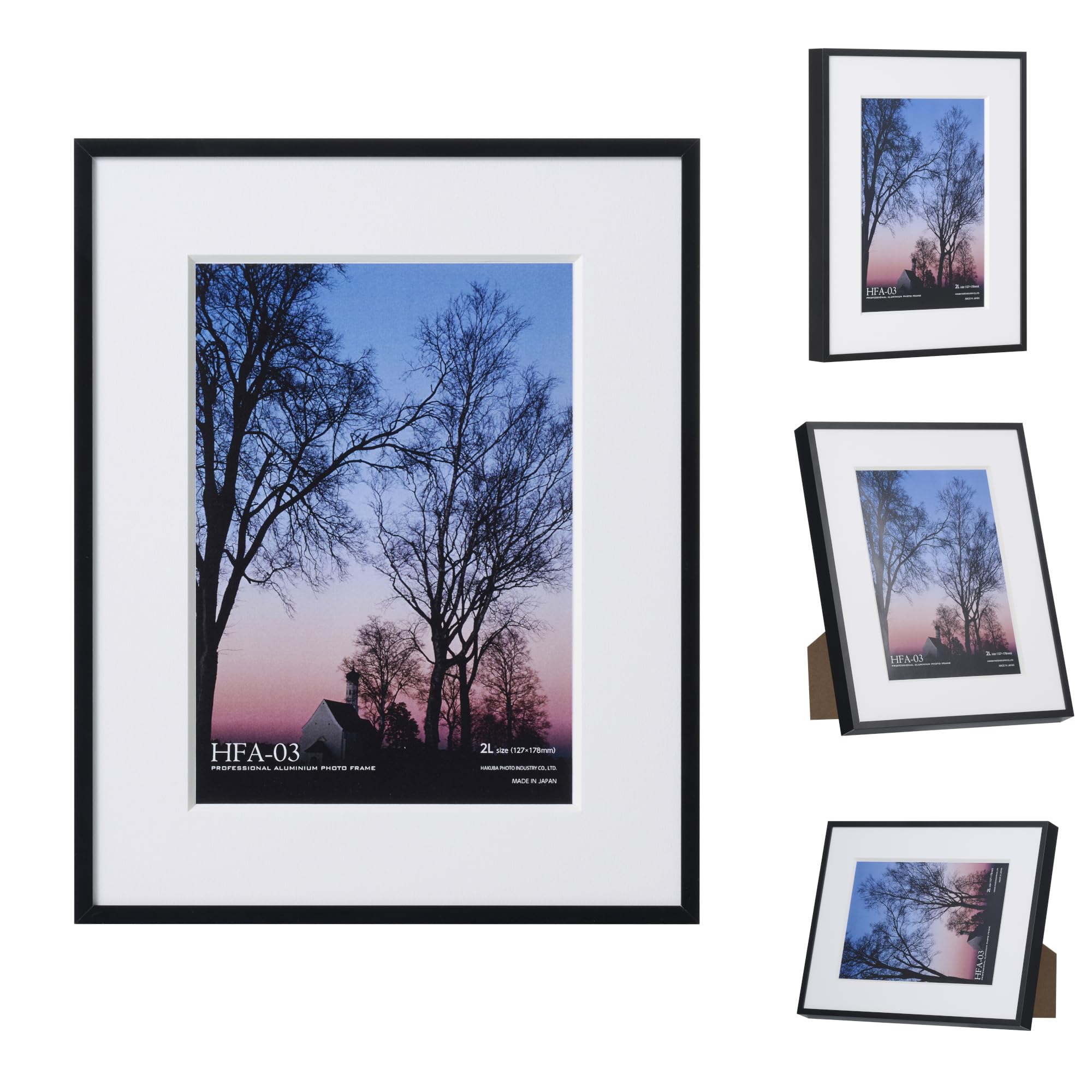 ハクバ (HAKUBA) 額縁 アルミ額 HFA-03 2Lサイズ ブラック(ホワイトマット) 日本製 Vカットマット 吊り紐・スタンド付 ガラス板 HFA-03BWM-2L 4977187492149