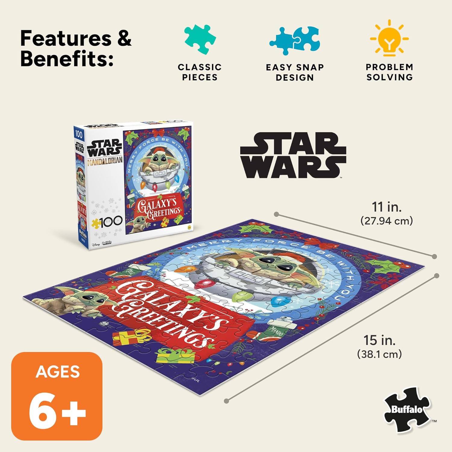 Buffalo Games – Star Wars - Galaxy's Greetings - 100 Piece Christmas Jigsaw Puzzle - Festive, Holiday Puzzle for Adults and Families – Precision-Cut Pieces, Winter Artwork, Relaxing Fun
