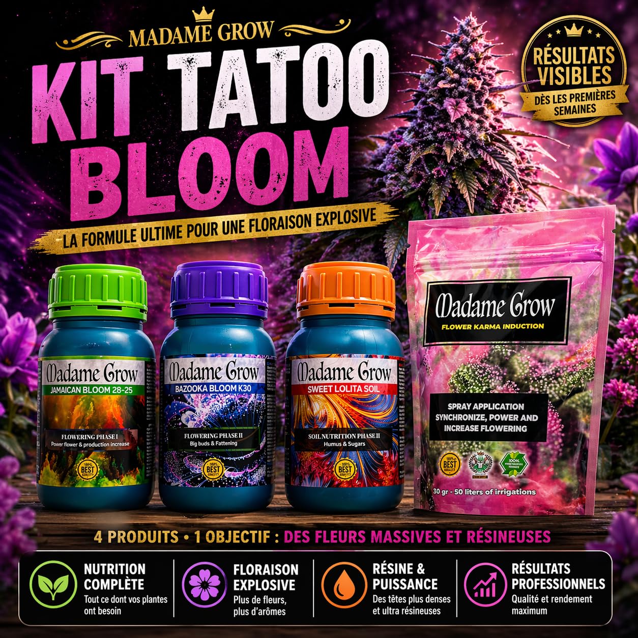 MADAME GROW - Engrais Organique de Floraison - KIT TATOO BLOOM - (3x 250ml + 30g)