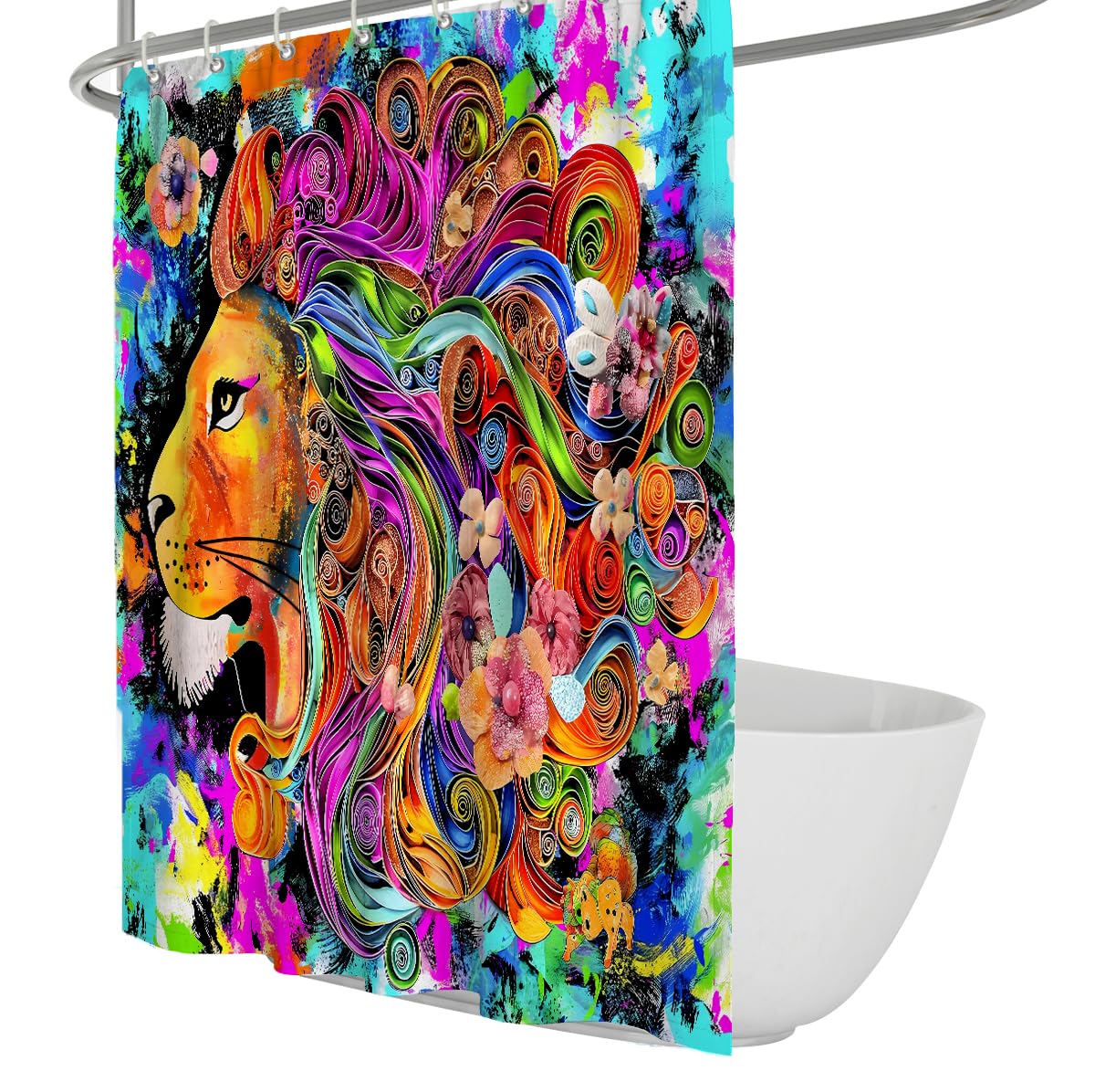 Farbenfroher Abstrakter Löwen-Duschvorhang Künstlerischer Tierölmalerei-Stil Duschvorhang Wasserdichter Polyesterstoff Schnelltrocknen mit Haken 200 x 220 cm