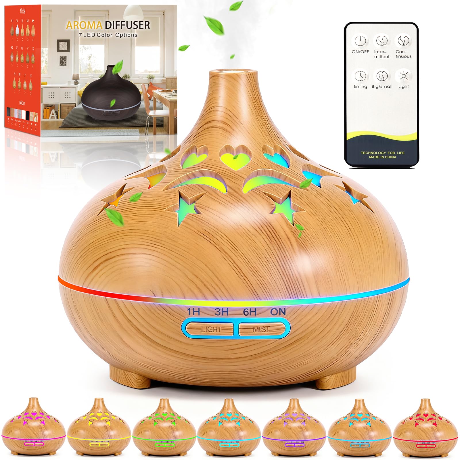 Diffusore di Oli Essenziali, 550ml Ultrasuoni Umidificatore con 4 Impostazioni Timer e 7 Colori LED e pegnimento Automatico Senza Acqua per Ufficio Casa Soggiorno Camera da Letto SPA Yoga