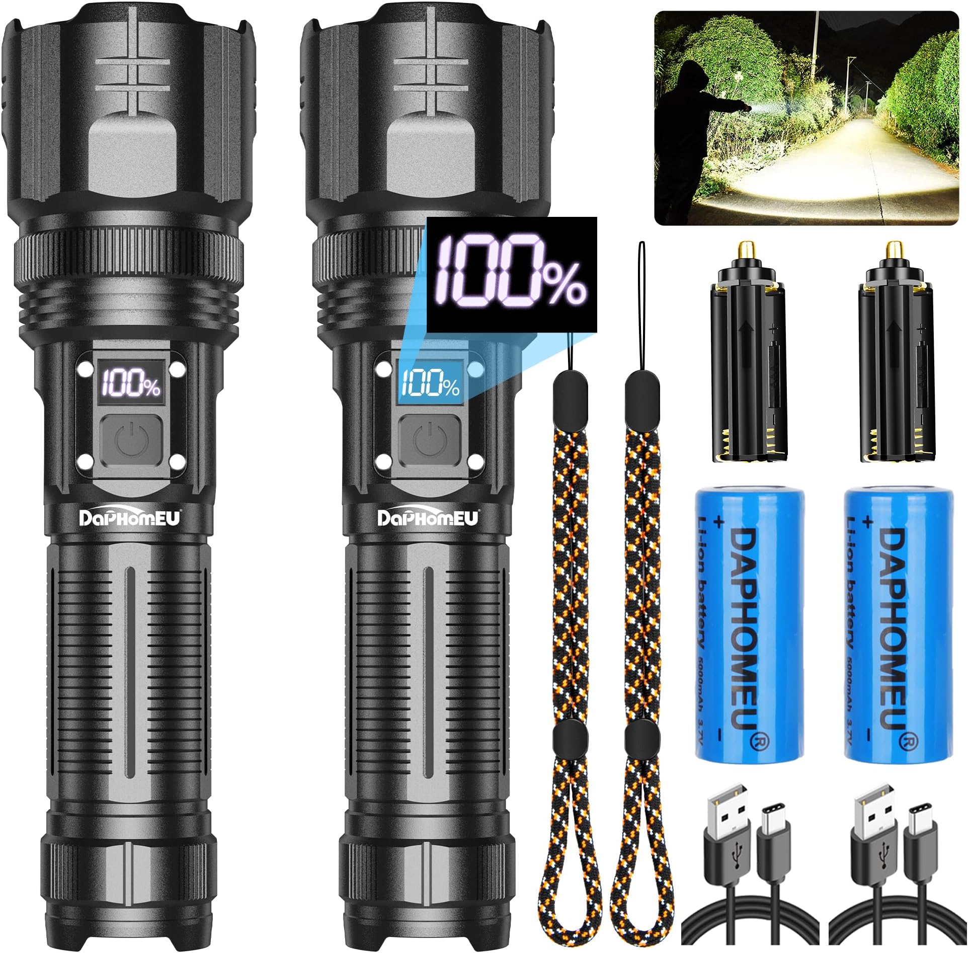 daphomeu Torch LED Super Bright Rechargeable 2 Pack, Flashlight 500000 Lumen Torches Battery