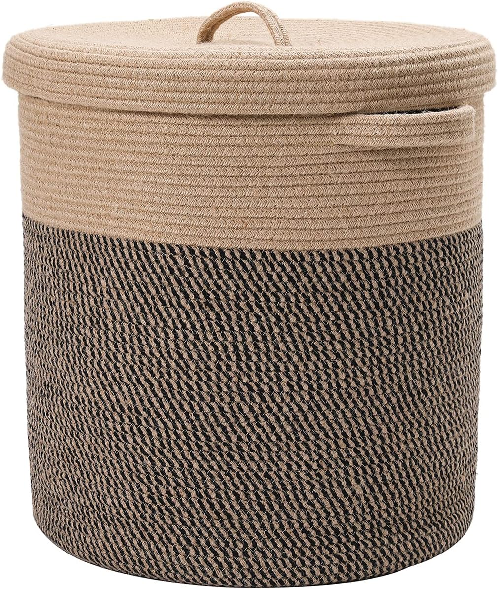 Extra Large 16" x 16" x 18" Storage Basket with Lid, Cotton Rope Laundry Hamper, Cloth Bin for Clothes, Towels, Blankets, Pillows in Living Room, Jute/Black Mix Basket
