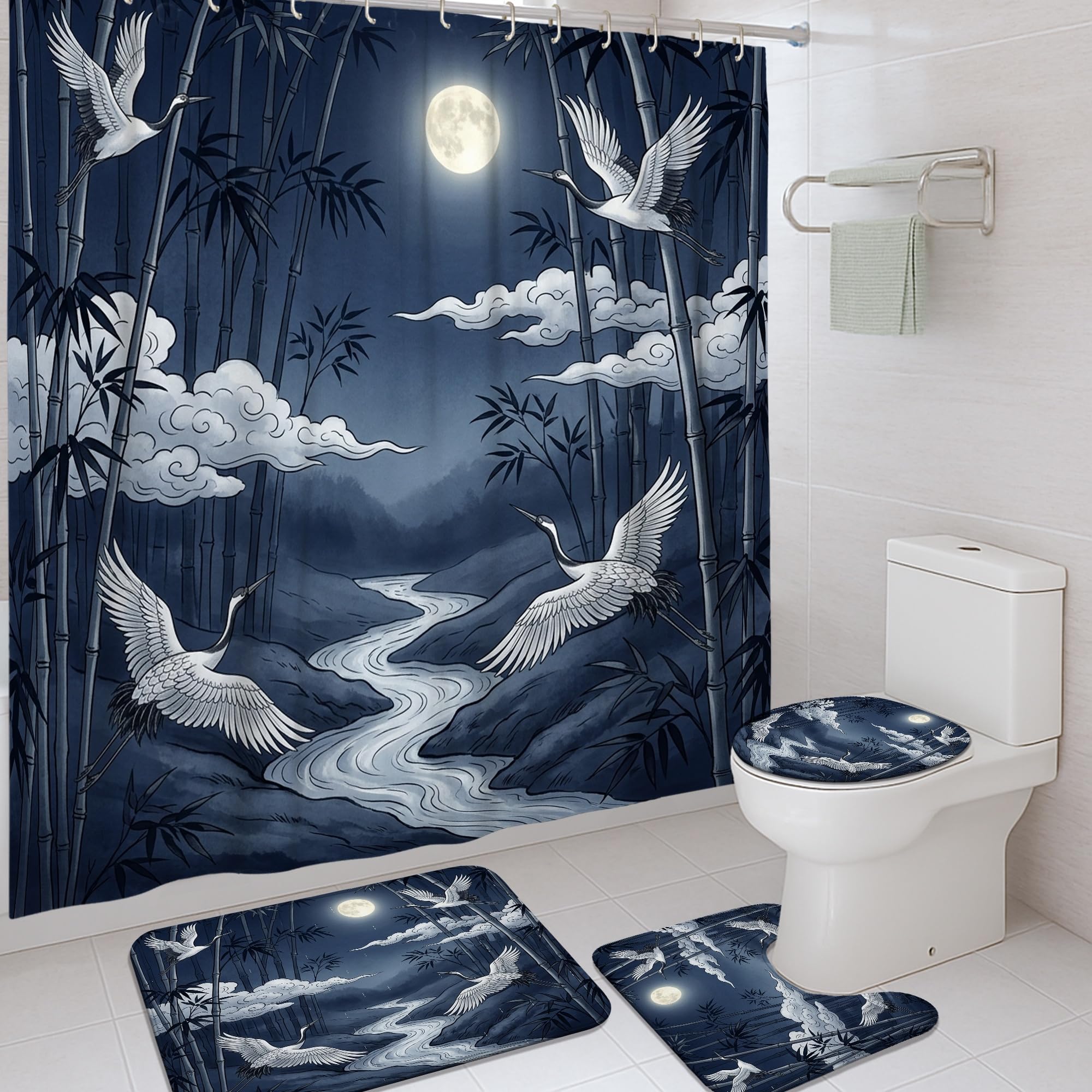 Ensemble de rideaux de douche bleu marine motif grues avec tapis lavable 183x183 cm